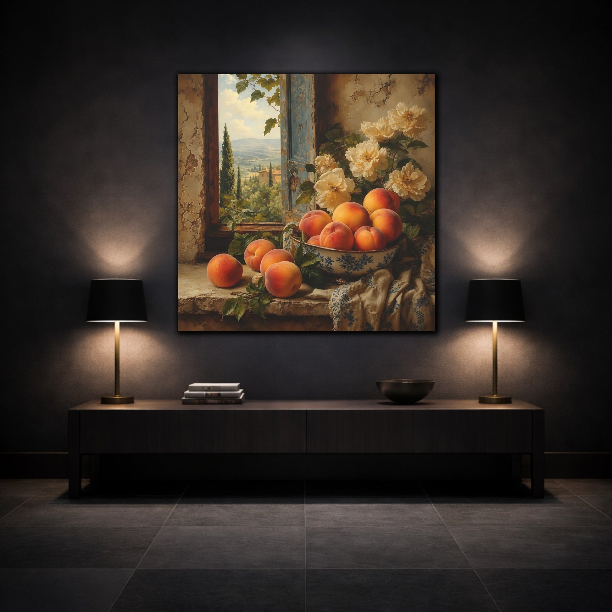 Mockup 3. Elegant Old-World Painting Peaches Beside Cream Flowers shown as stretched canvas wall art