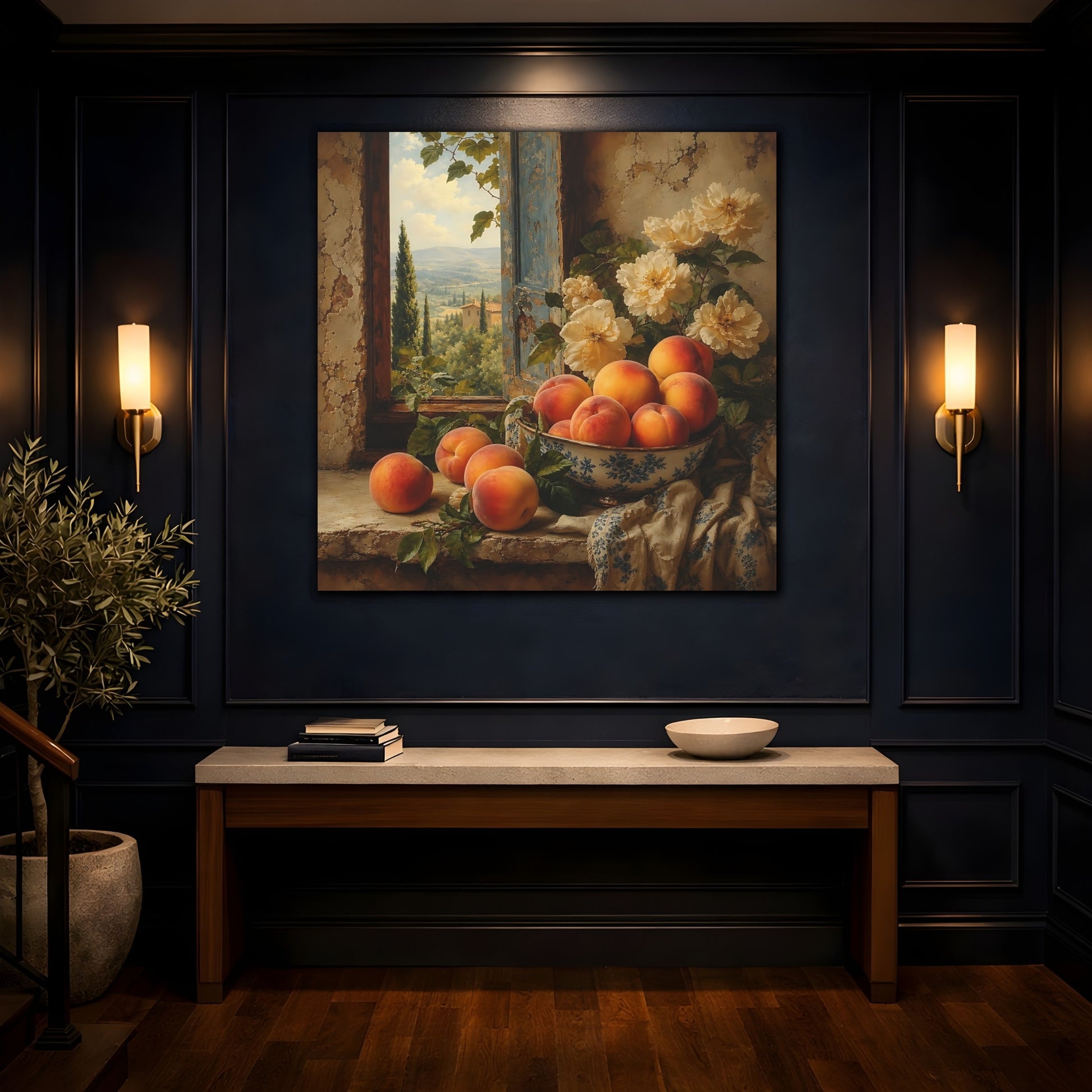 Mockup 4. Elegant Old-World Painting Peaches Beside Cream Flowers shown as stretched canvas wall art