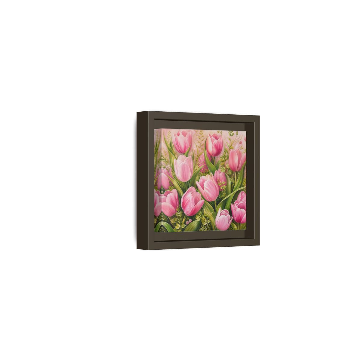 Side Mockup 23. Elegant Old-World Painting Pink Tulips With Fresh Leaves shown as stretched canvas wall art