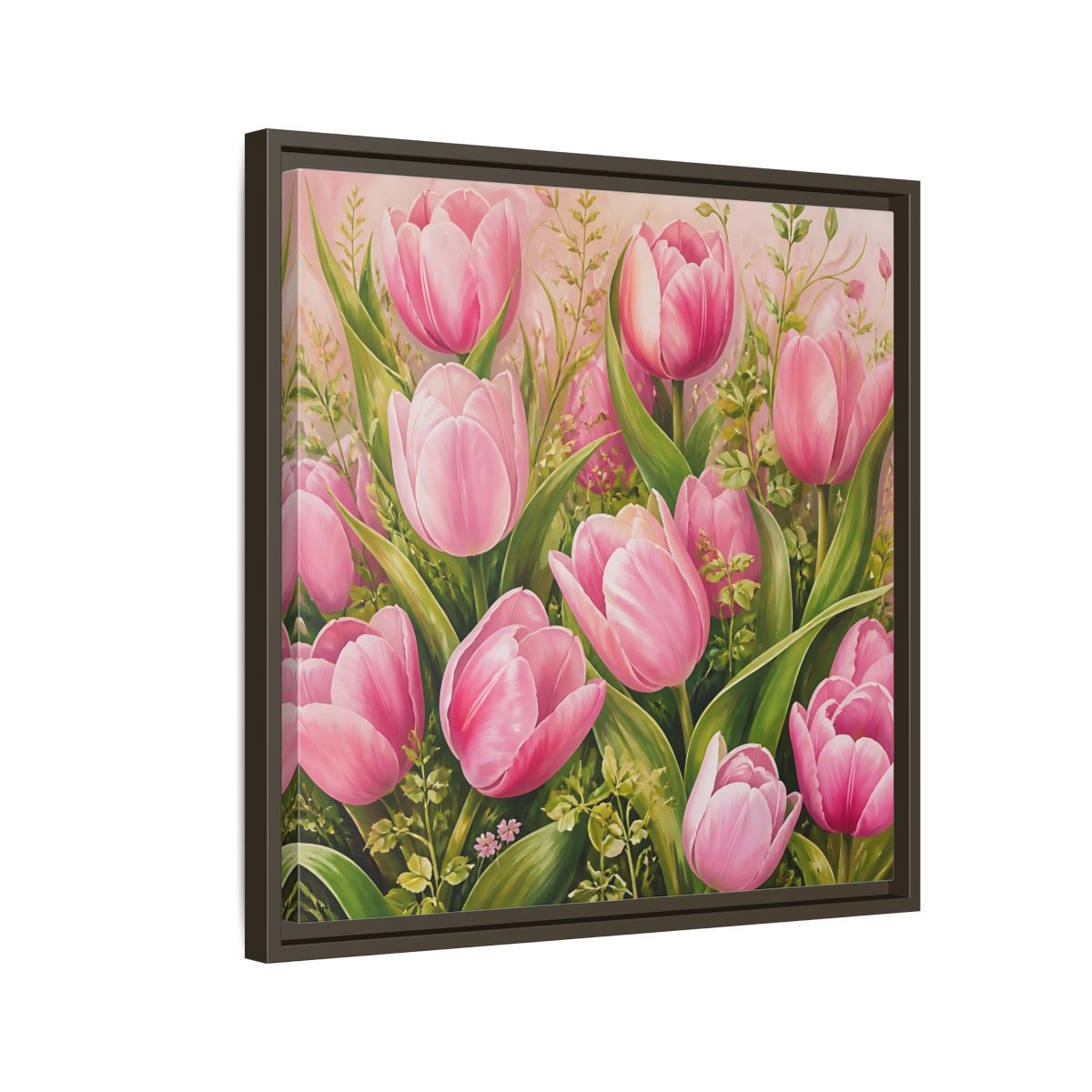 Side Mockup 11. Elegant Old-World Painting Pink Tulips With Fresh Leaves shown as stretched canvas wall art