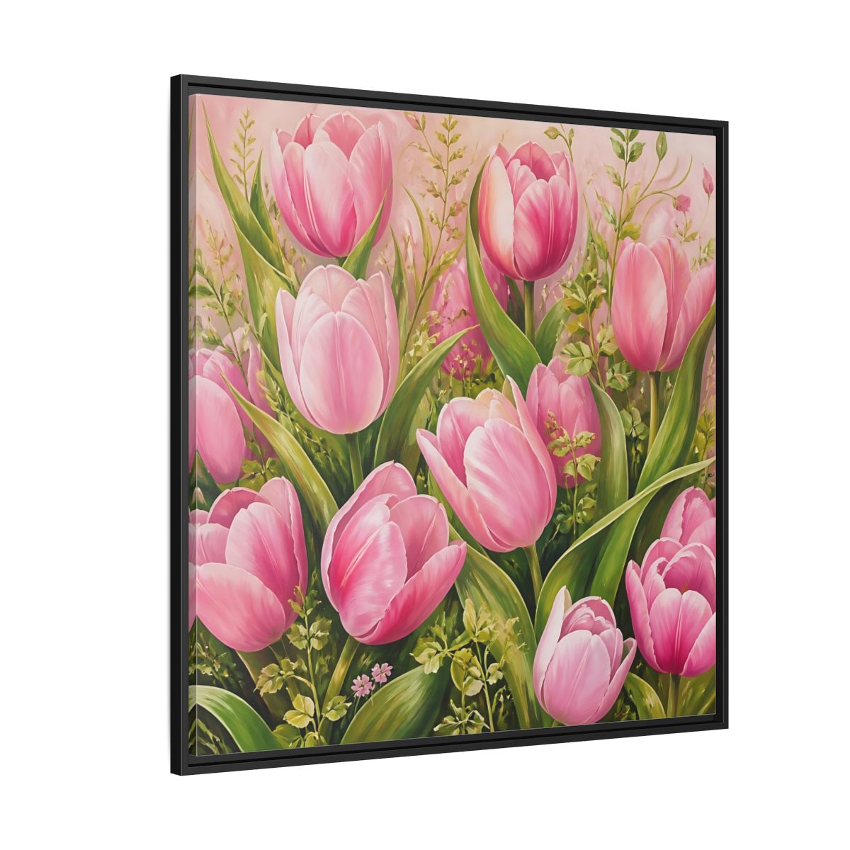 Side Mockup 6. Elegant Old-World Painting Pink Tulips With Fresh Leaves shown as stretched canvas wall art