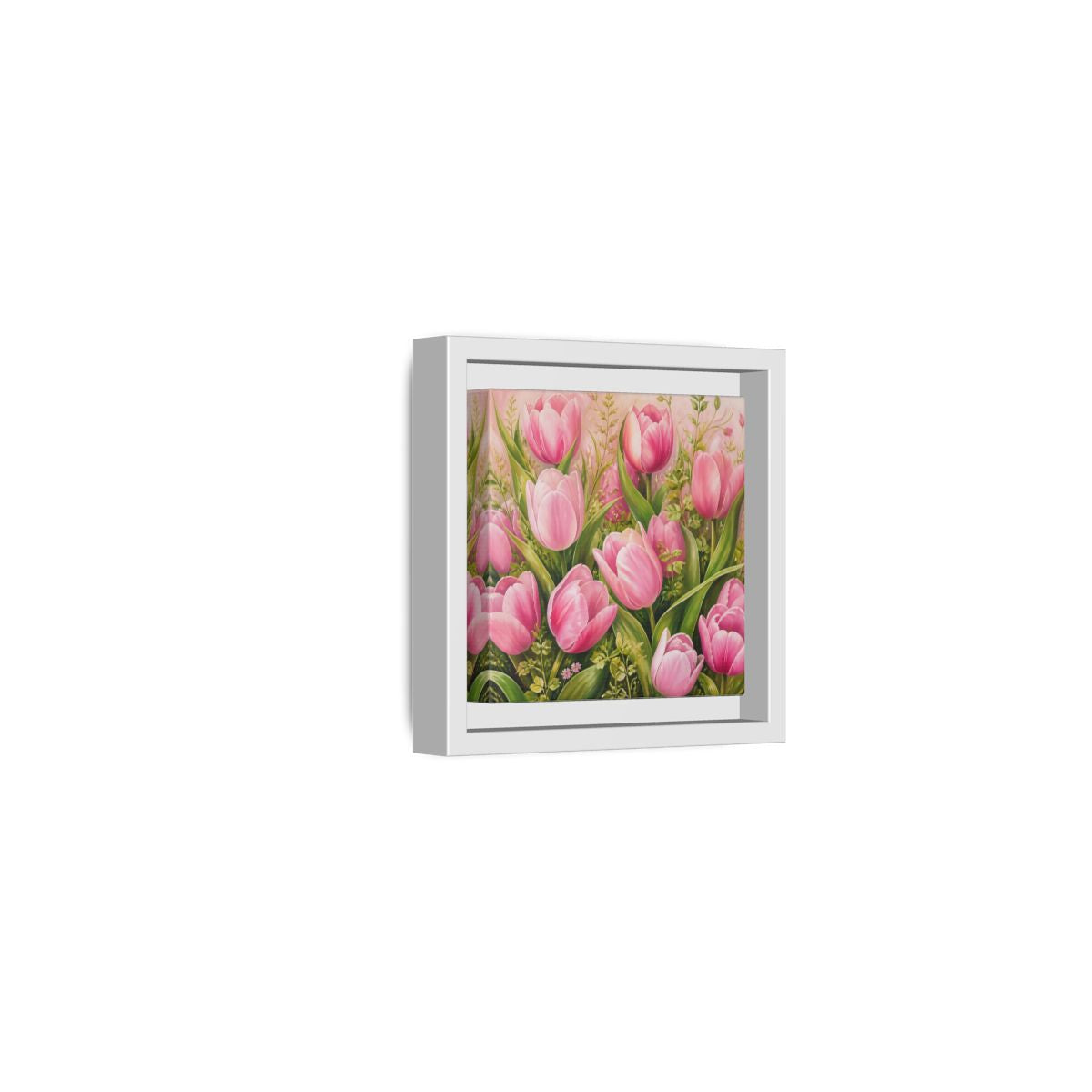 Side Mockup 22. Elegant Old-World Painting Pink Tulips With Fresh Leaves shown as stretched canvas wall art