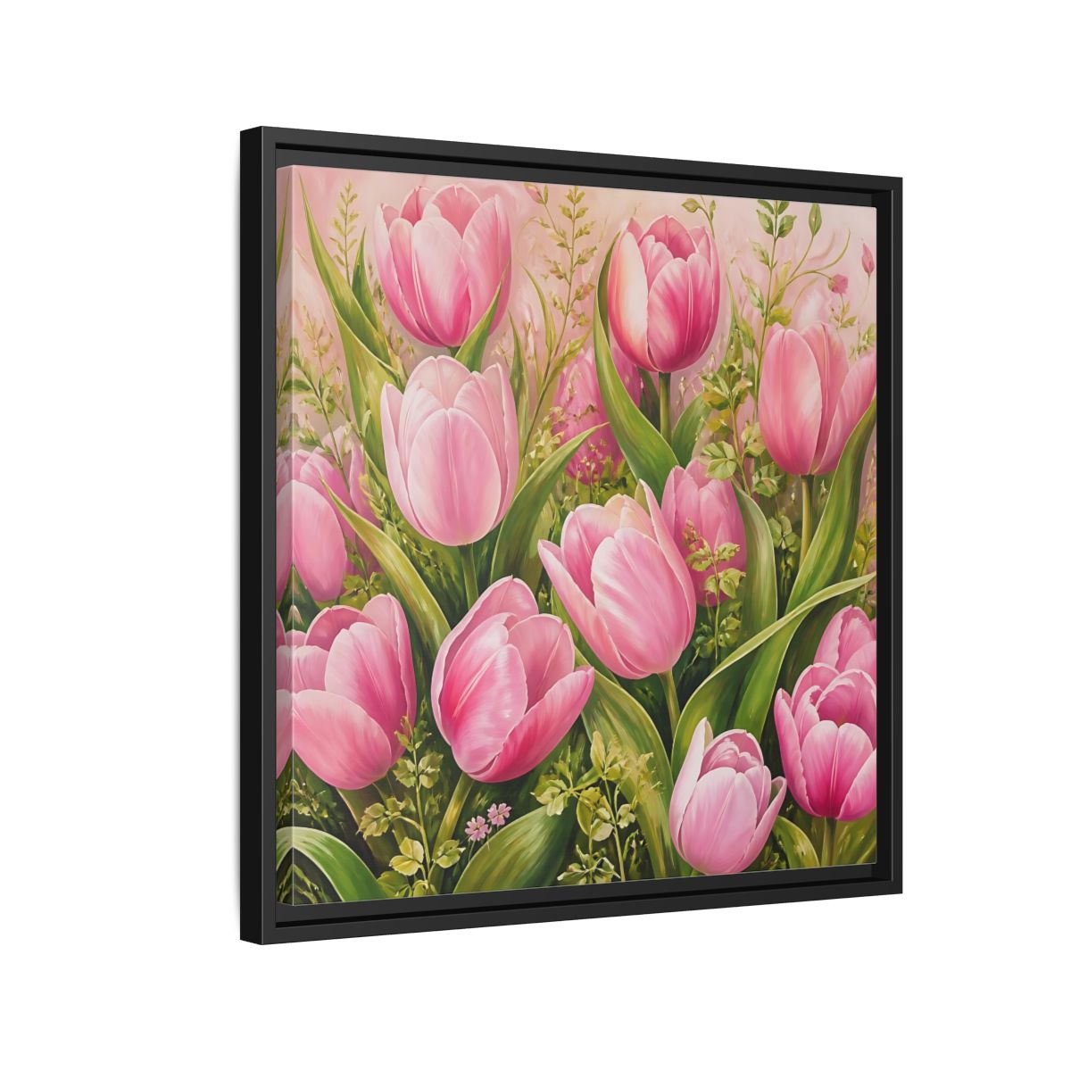 Side Mockup 12. Elegant Old-World Painting Pink Tulips With Fresh Leaves shown as stretched canvas wall art