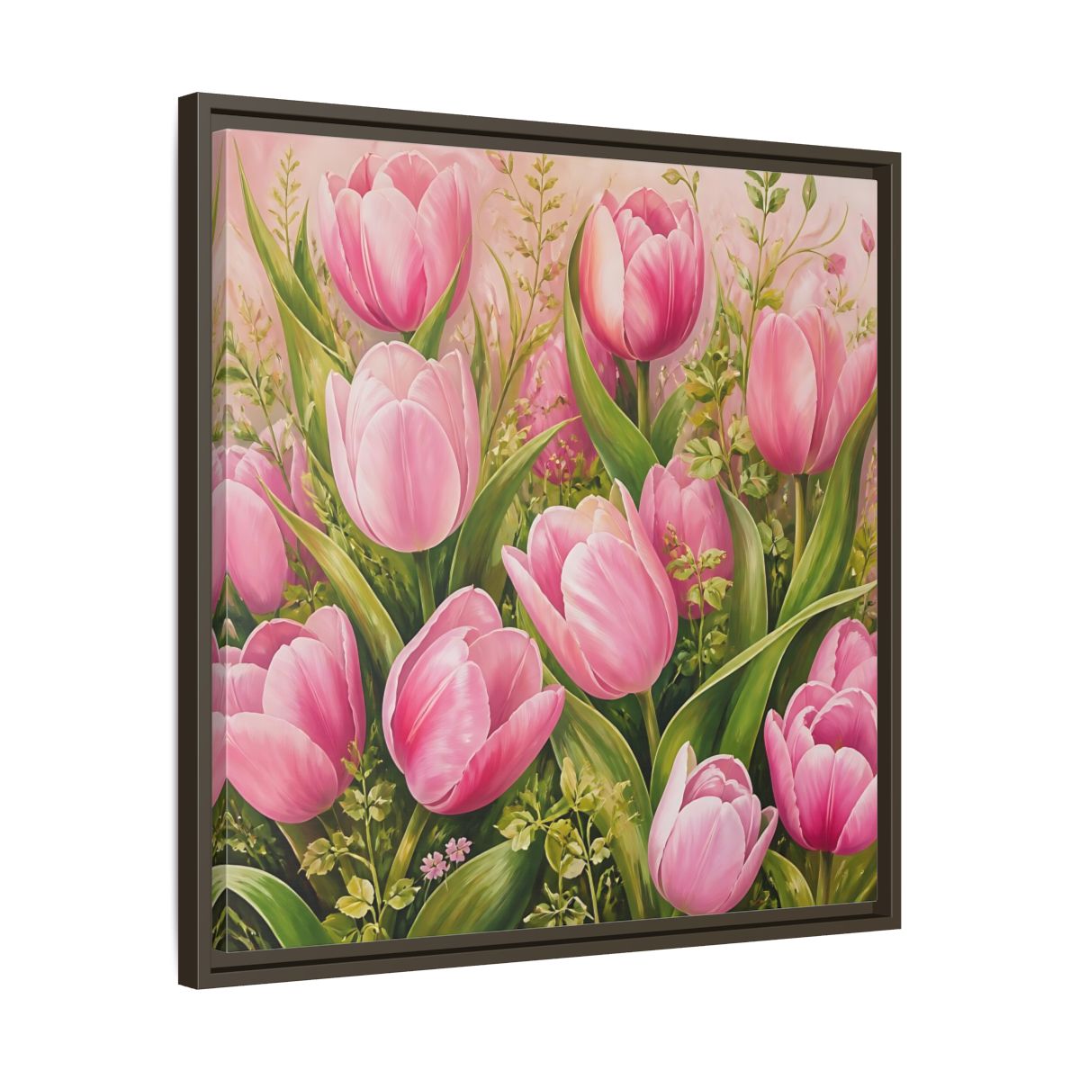 Side Mockup 27. Elegant Old-World Painting Pink Tulips With Fresh Leaves shown as stretched canvas wall art