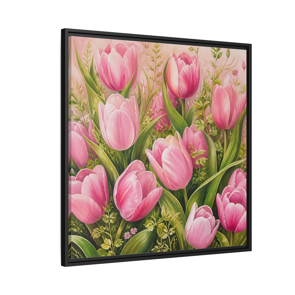 Side Mockup 9. Elegant Old-World Painting Pink Tulips With Fresh Leaves shown as stretched canvas wall art