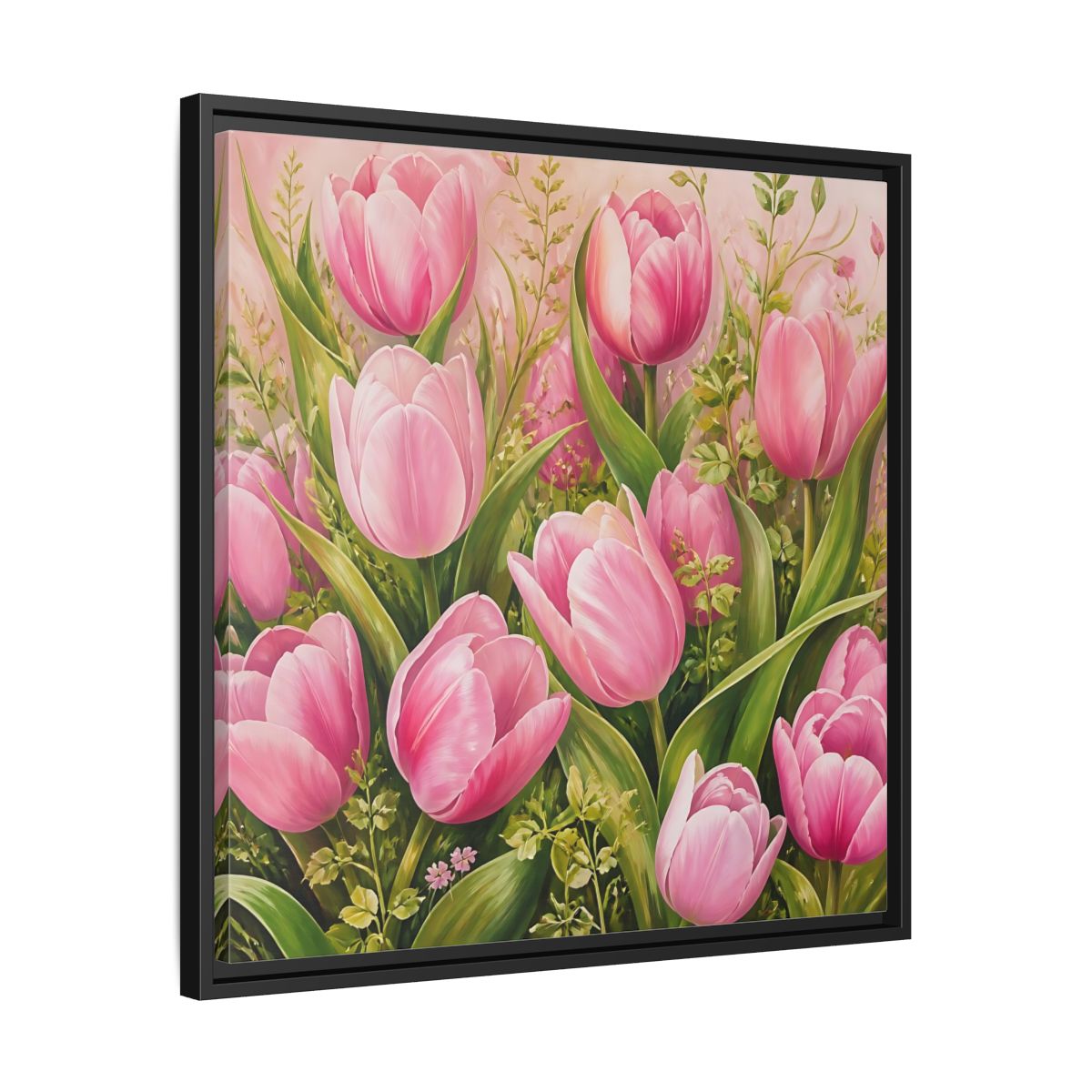 Side Mockup 31. Elegant Old-World Painting Pink Tulips With Fresh Leaves shown as stretched canvas wall art