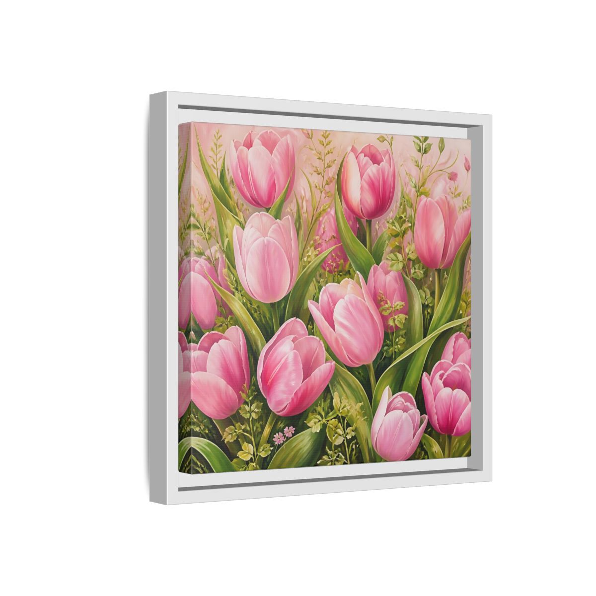 Side Mockup 16. Elegant Old-World Painting Pink Tulips With Fresh Leaves shown as stretched canvas wall art