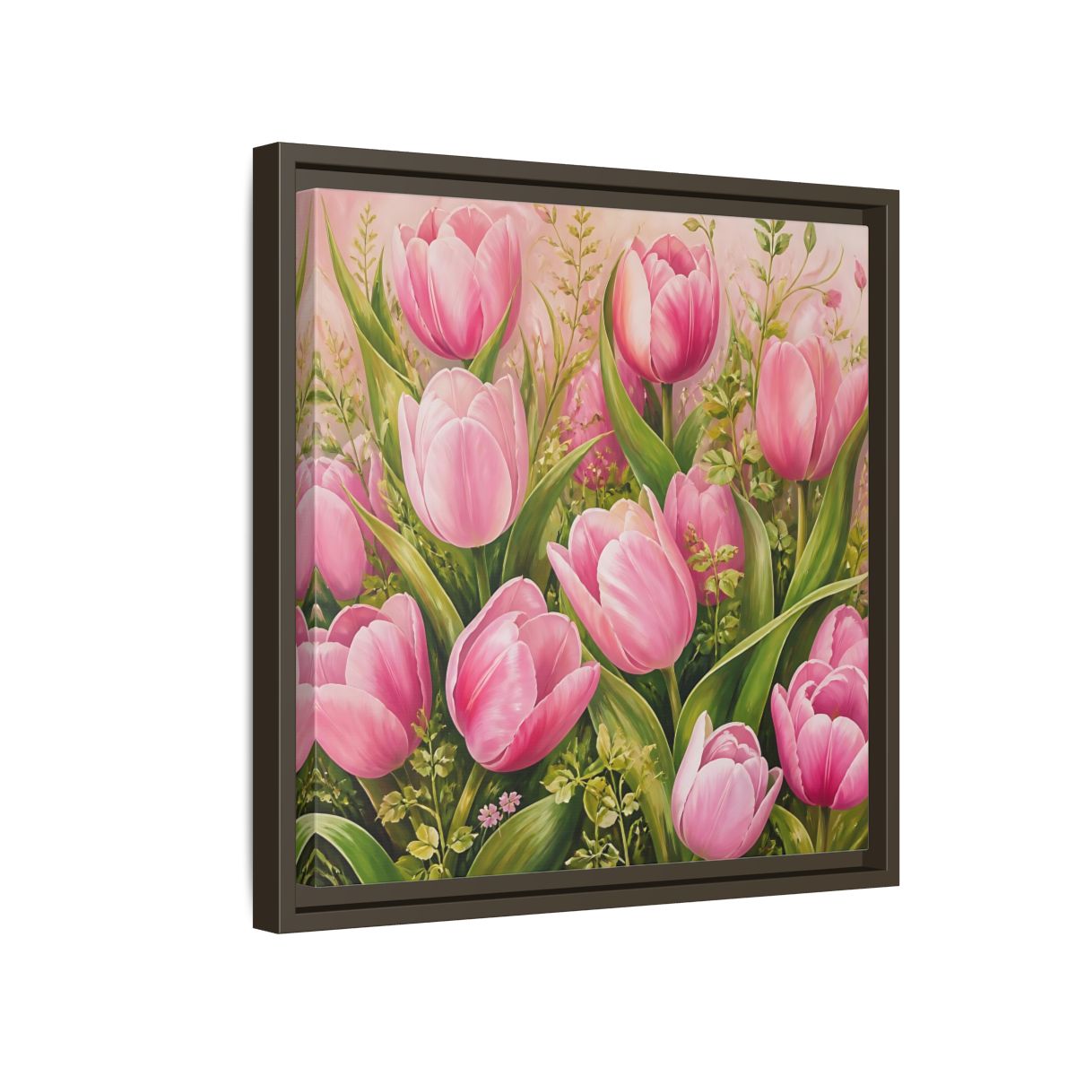 Side Mockup 14. Elegant Old-World Painting Pink Tulips With Fresh Leaves shown as stretched canvas wall art
