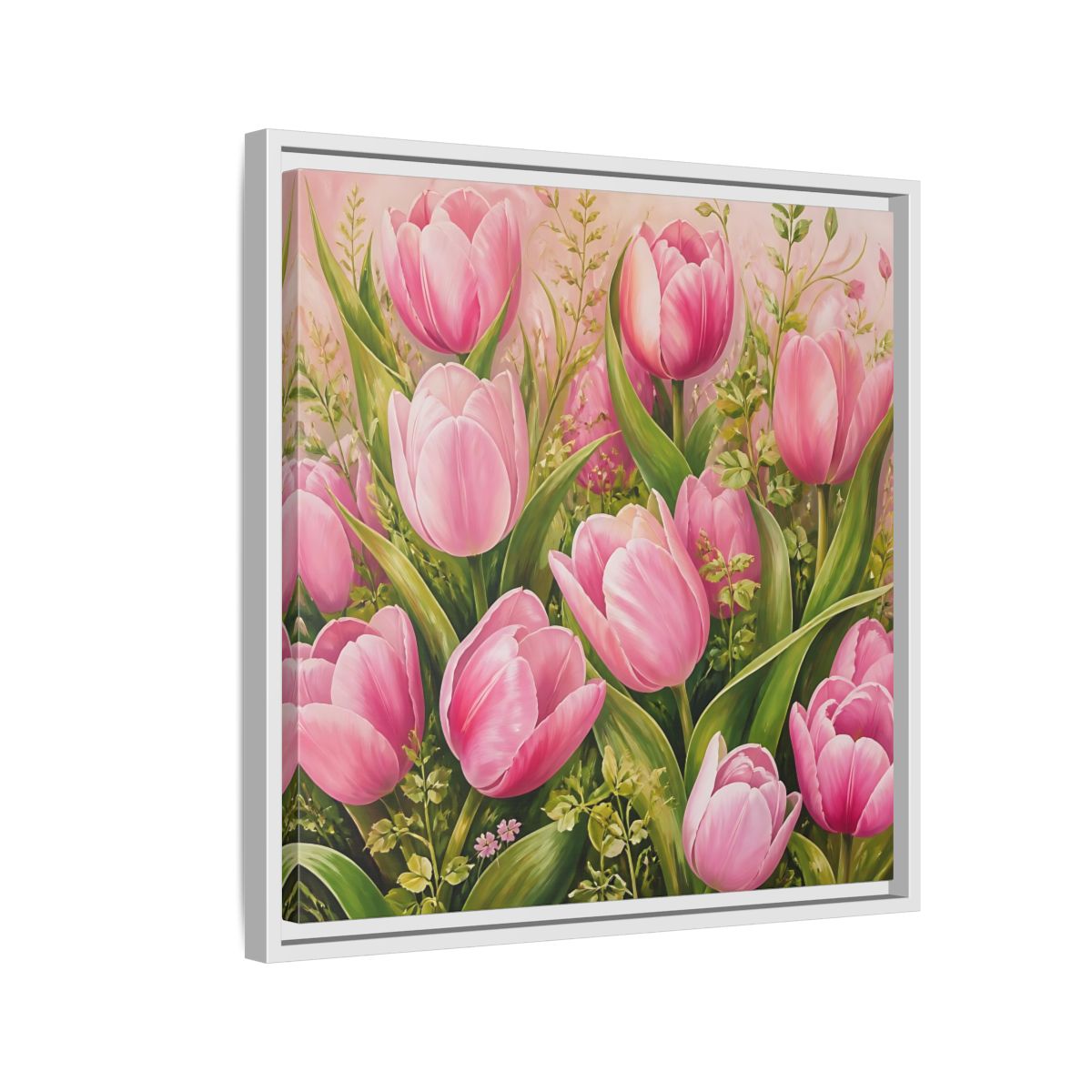 Side Mockup 10. Elegant Old-World Painting Pink Tulips With Fresh Leaves shown as stretched canvas wall art