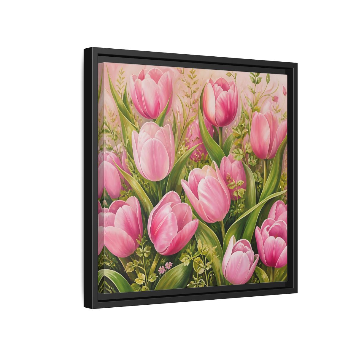 Side Mockup 15. Elegant Old-World Painting Pink Tulips With Fresh Leaves shown as stretched canvas wall art