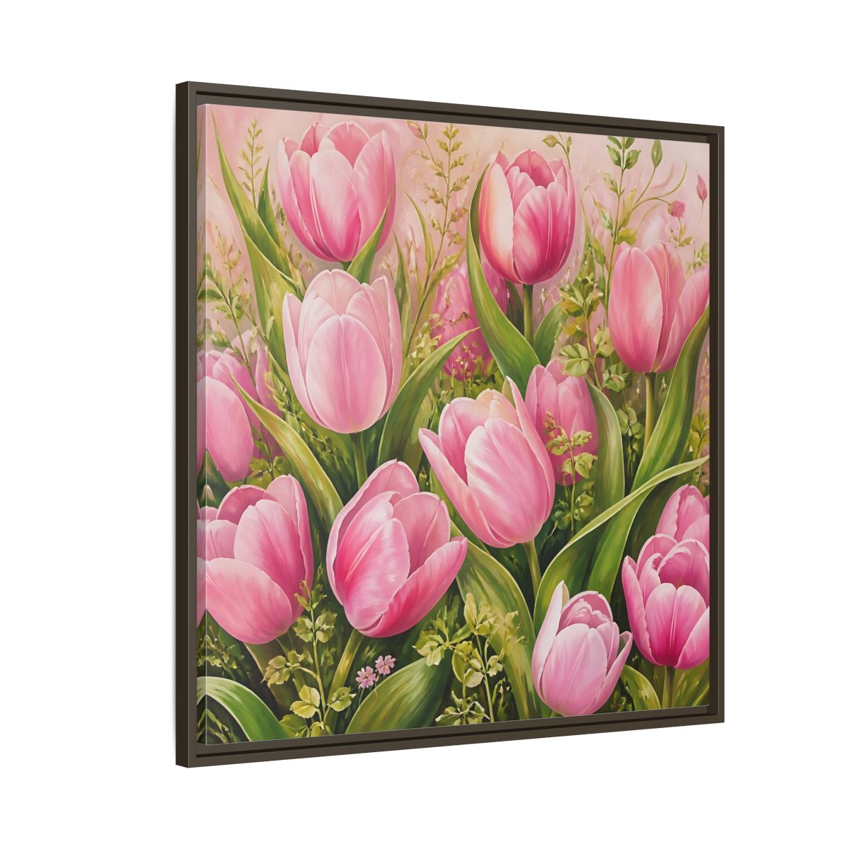 Side Mockup 8. Elegant Old-World Painting Pink Tulips With Fresh Leaves shown as stretched canvas wall art