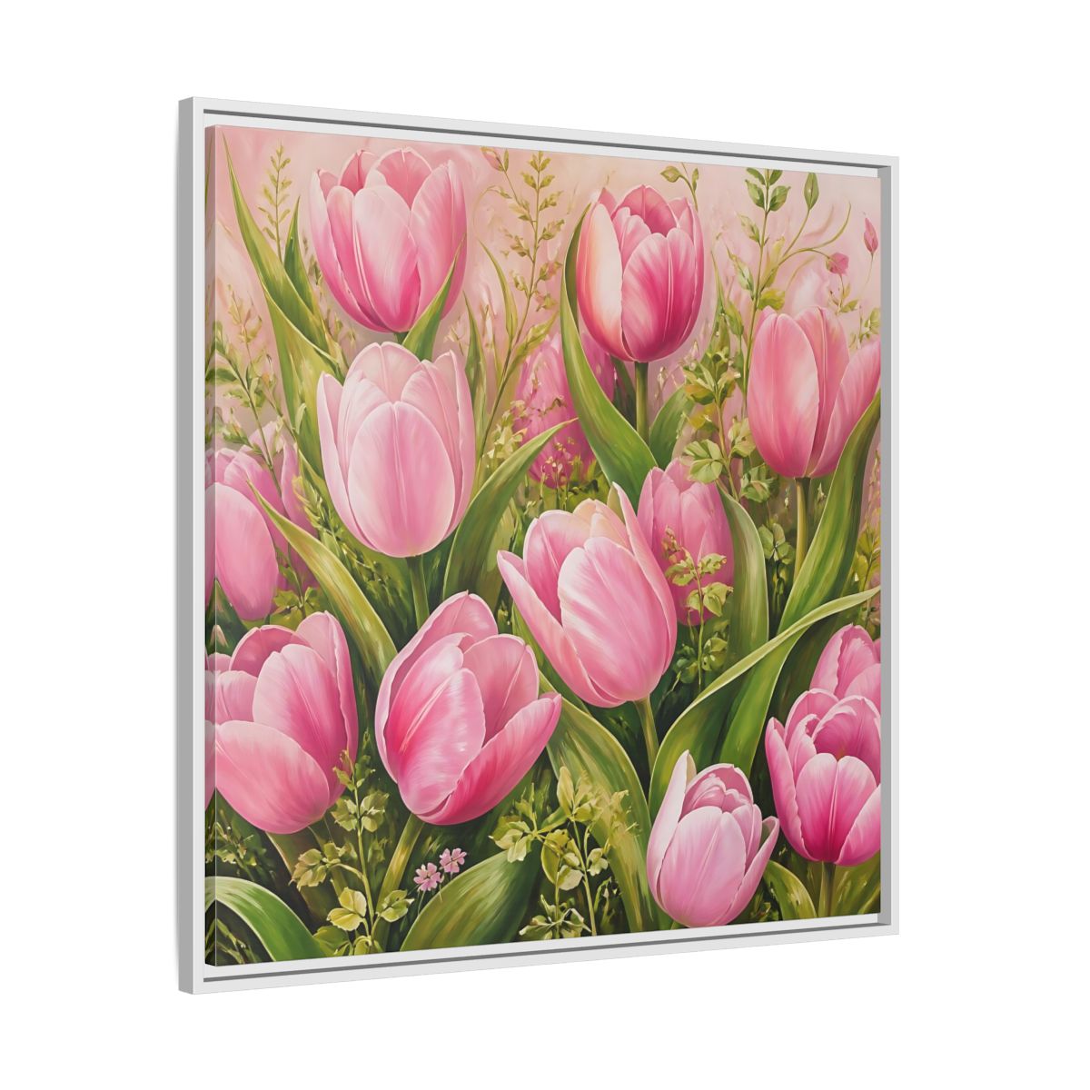 Side Mockup 25. Elegant Old-World Painting Pink Tulips With Fresh Leaves shown as stretched canvas wall art