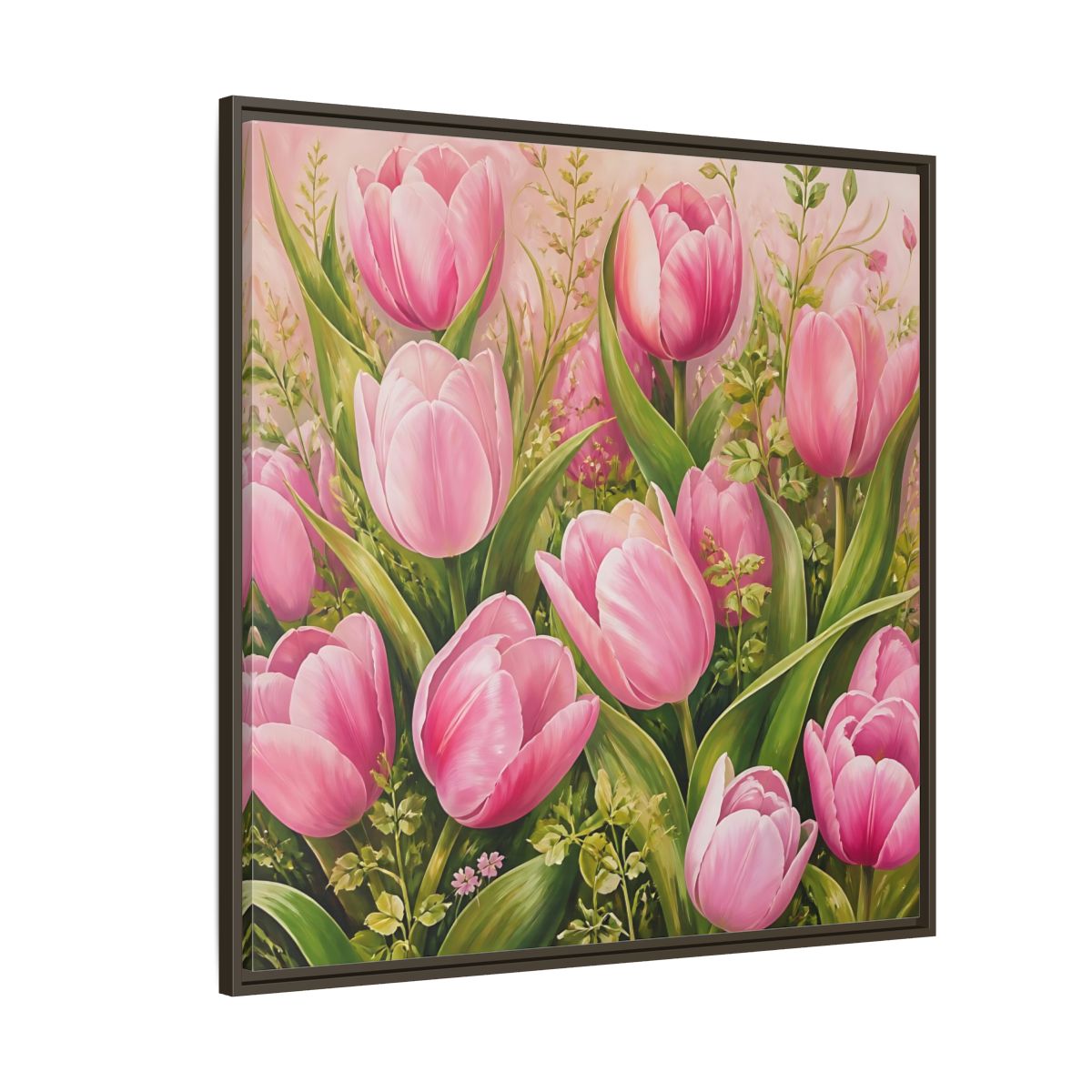 Side Mockup 5. Elegant Old-World Painting Pink Tulips With Fresh Leaves shown as stretched canvas wall art