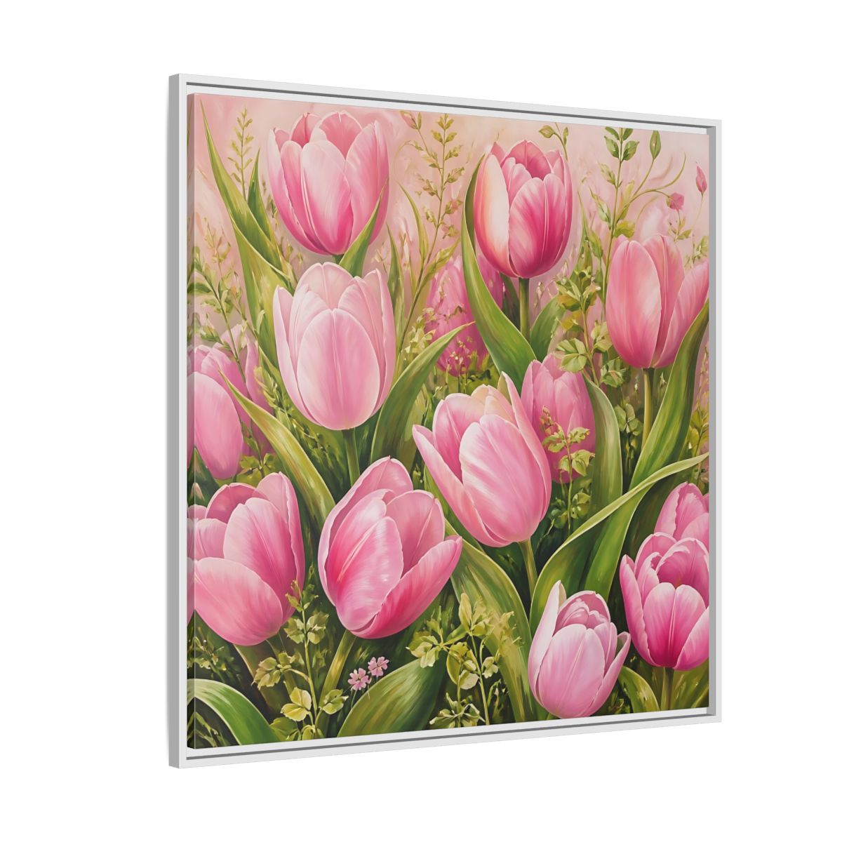 Side Mockup 4. Elegant Old-World Painting Pink Tulips With Fresh Leaves shown as stretched canvas wall art