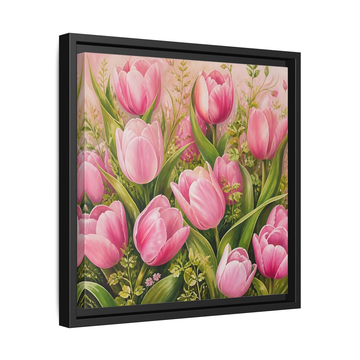 Side Mockup 32. Elegant Old-World Painting Pink Tulips With Fresh Leaves shown as stretched canvas wall art