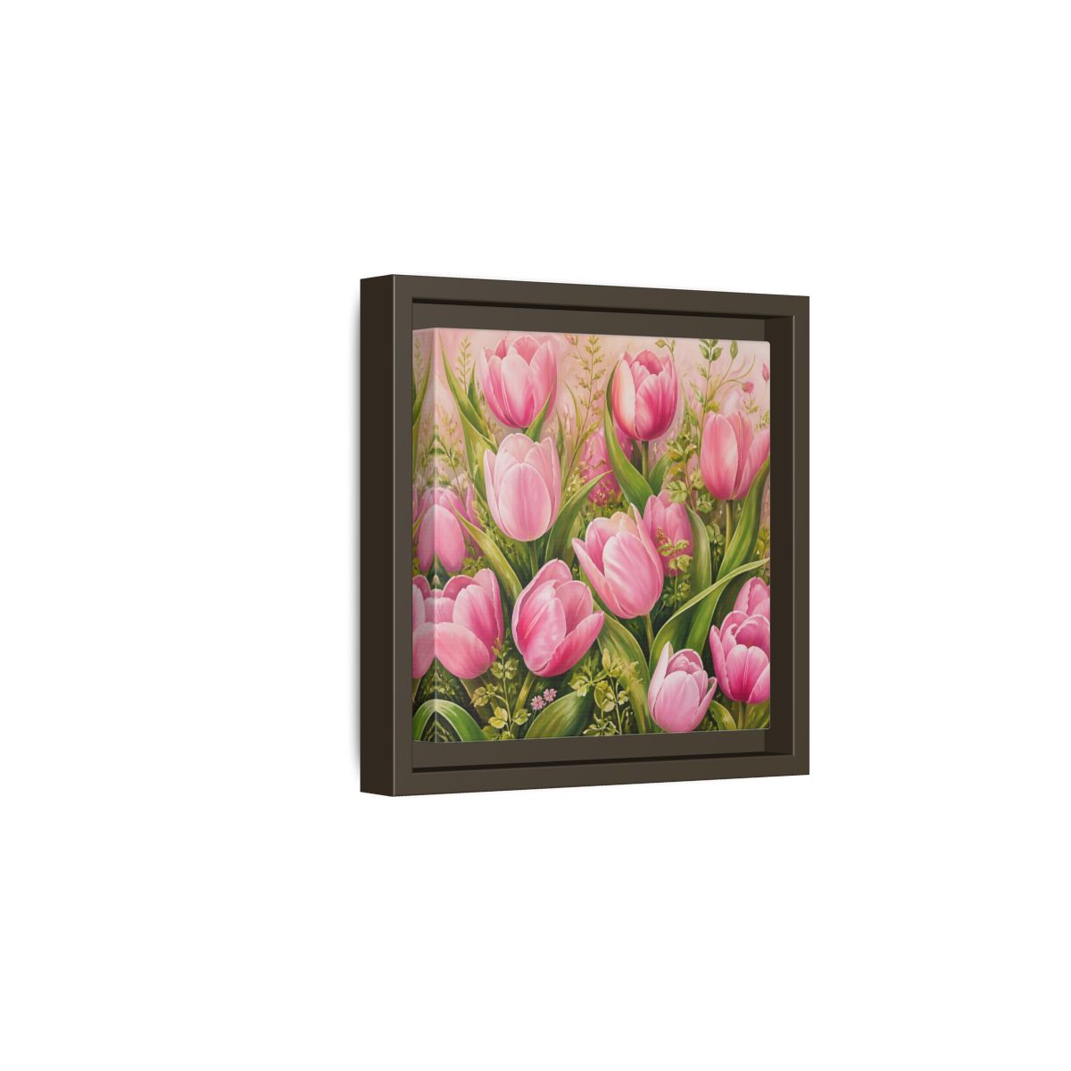 Side Mockup 2. Elegant Old-World Painting Pink Tulips With Fresh Leaves shown as stretched canvas wall art