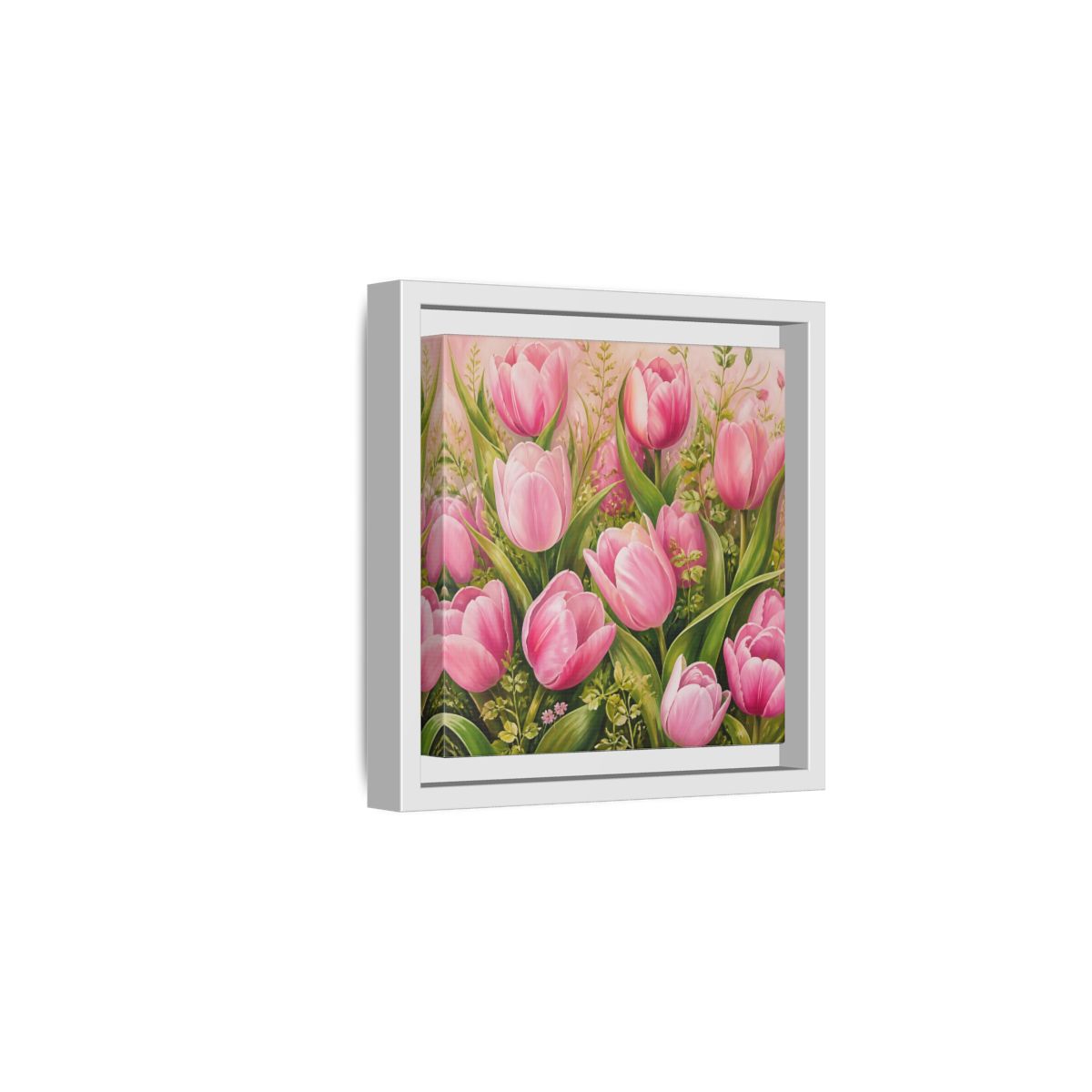 Side Mockup 1. Elegant Old-World Painting Pink Tulips With Fresh Leaves shown as stretched canvas wall art