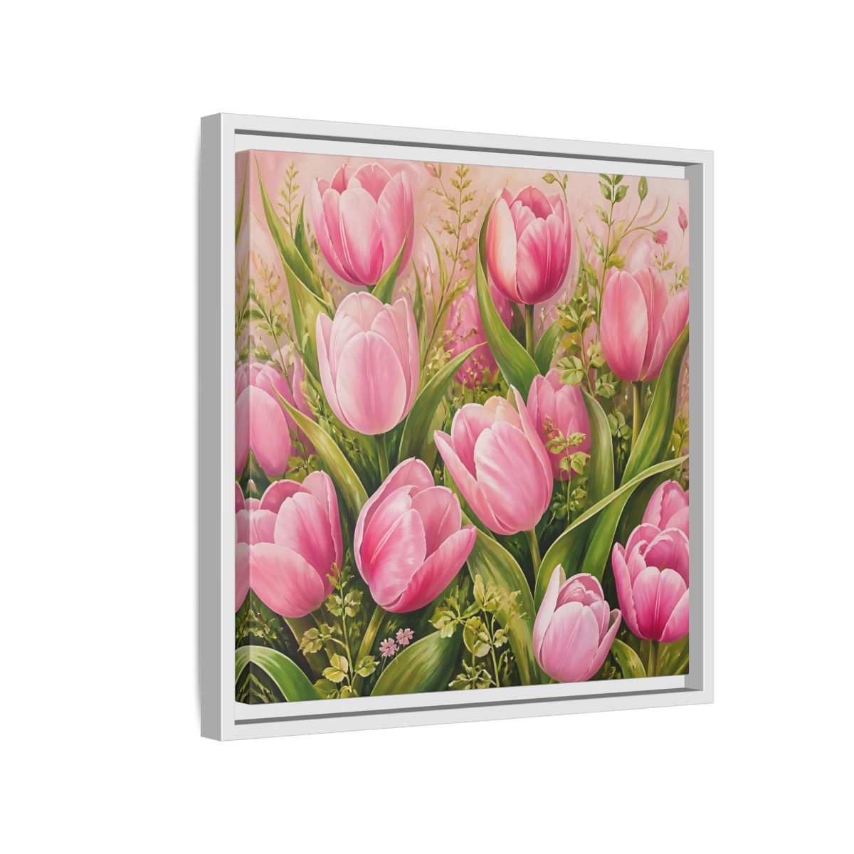 Side Mockup 13. Elegant Old-World Painting Pink Tulips With Fresh Leaves shown as stretched canvas wall art