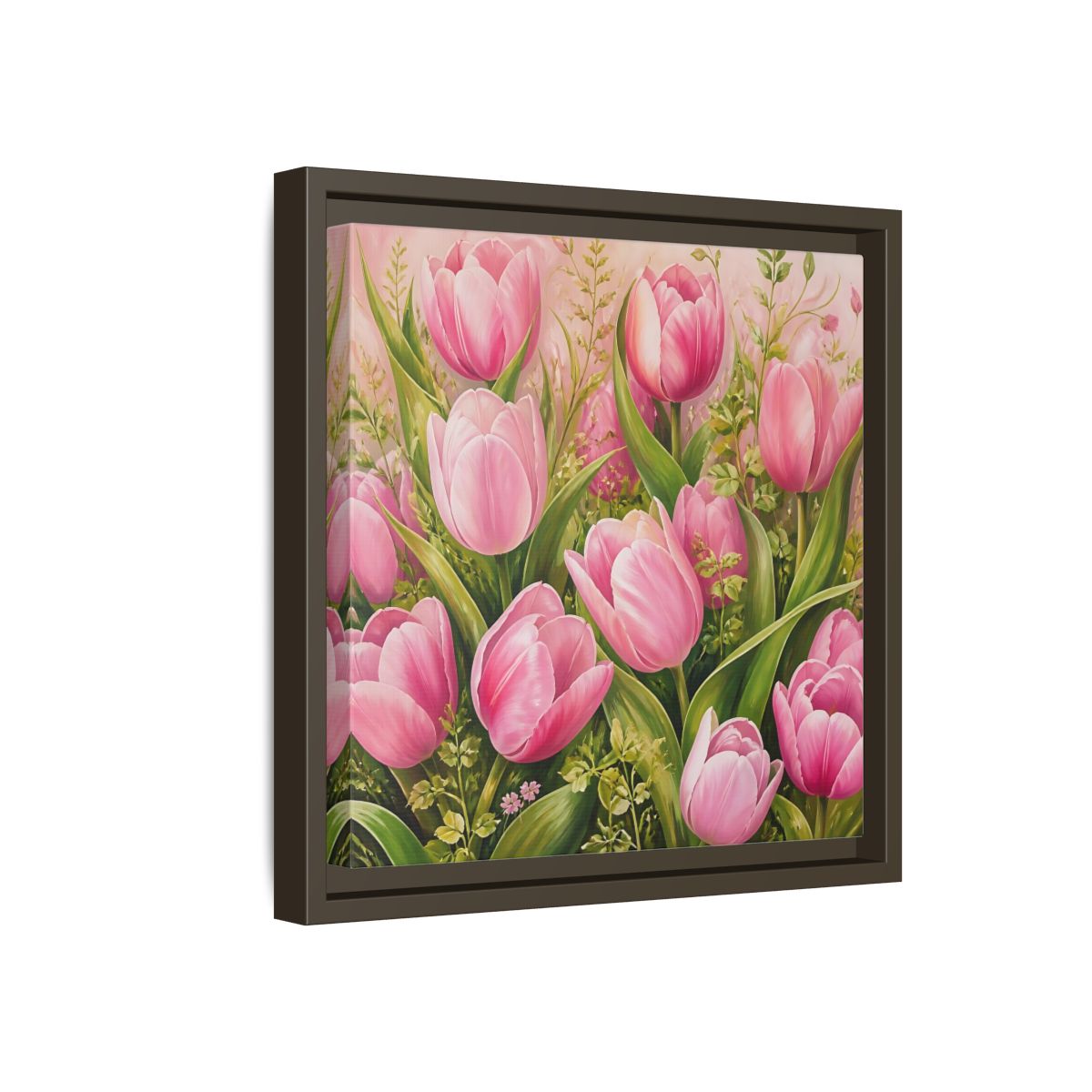 Side Mockup 17. Elegant Old-World Painting Pink Tulips With Fresh Leaves shown as stretched canvas wall art