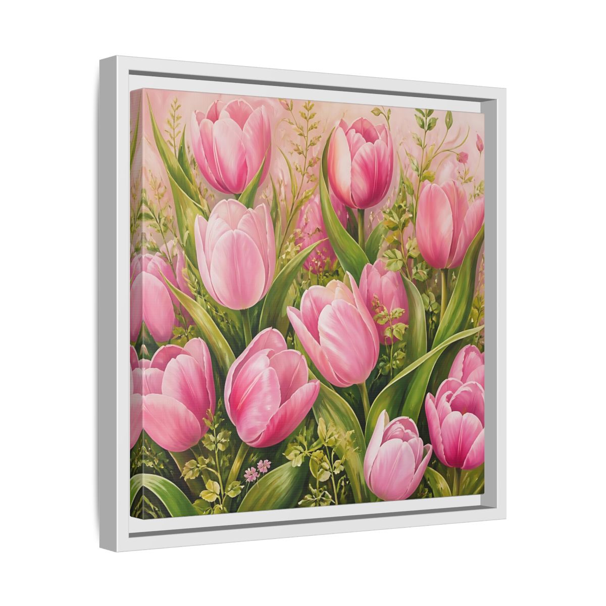 Side Mockup 28. Elegant Old-World Painting Pink Tulips With Fresh Leaves shown as stretched canvas wall art
