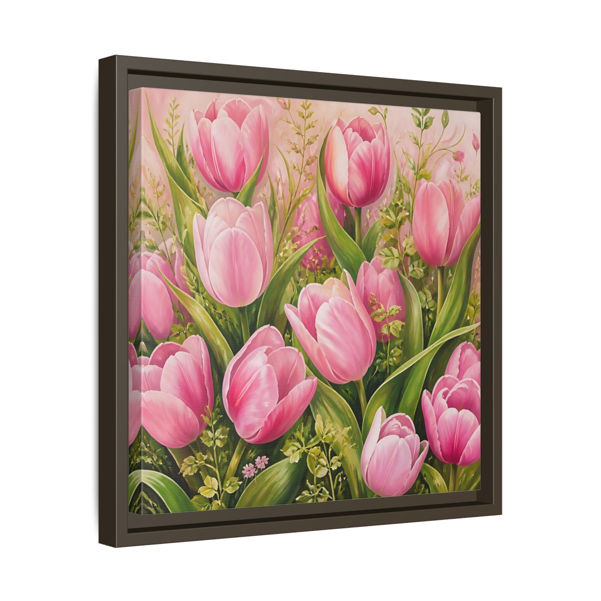 Side Mockup 29. Elegant Old-World Painting Pink Tulips With Fresh Leaves shown as stretched canvas wall art