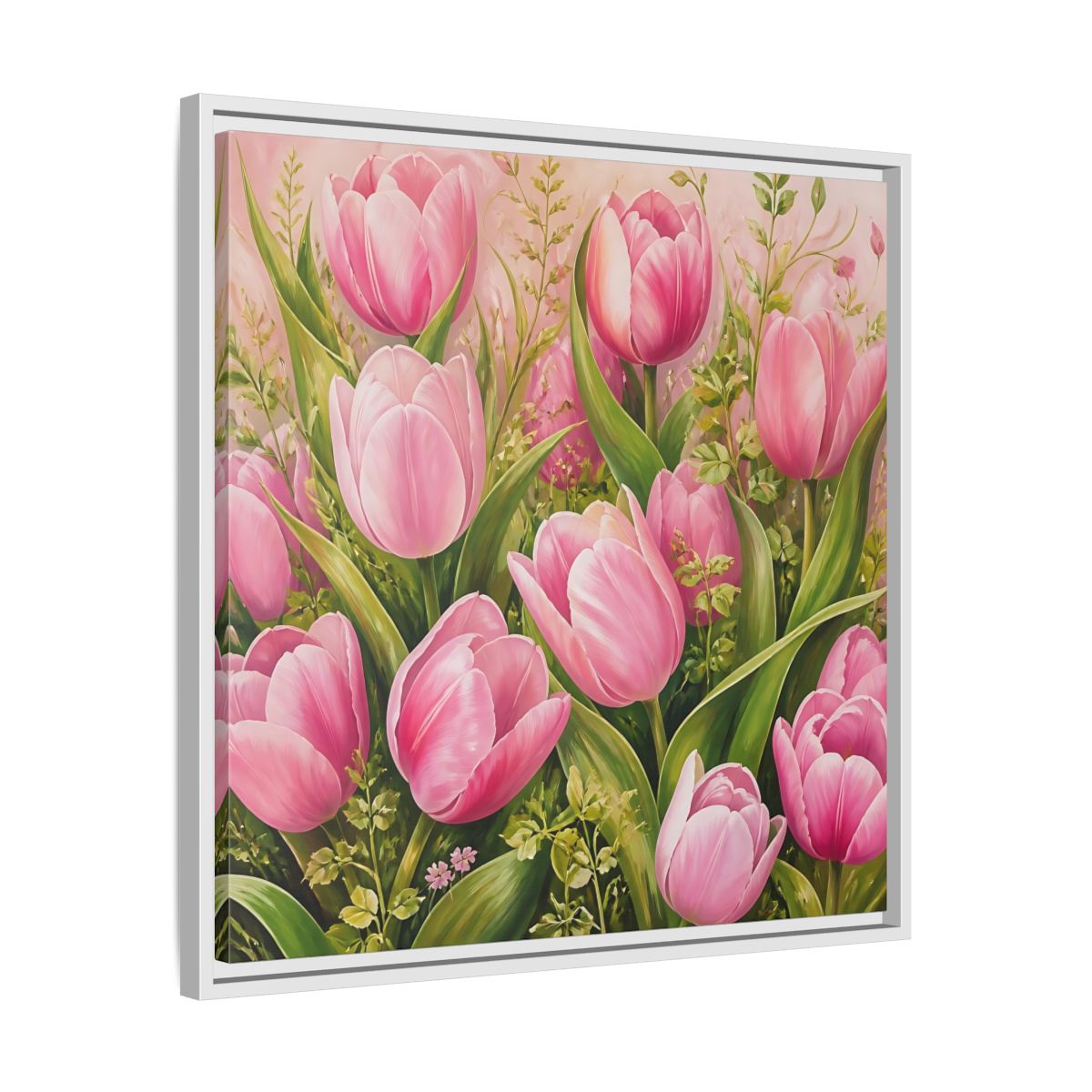 Side Mockup 26. Elegant Old-World Painting Pink Tulips With Fresh Leaves shown as stretched canvas wall art