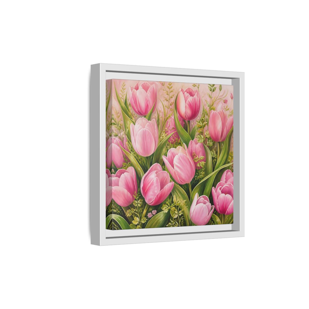 Side Mockup 19. Elegant Old-World Painting Pink Tulips With Fresh Leaves shown as stretched canvas wall art