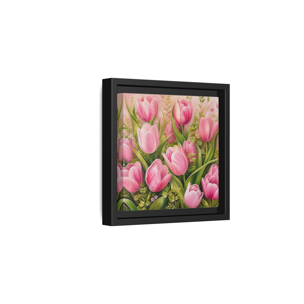 Side Mockup 3. Elegant Old-World Painting Pink Tulips With Fresh Leaves shown as stretched canvas wall art