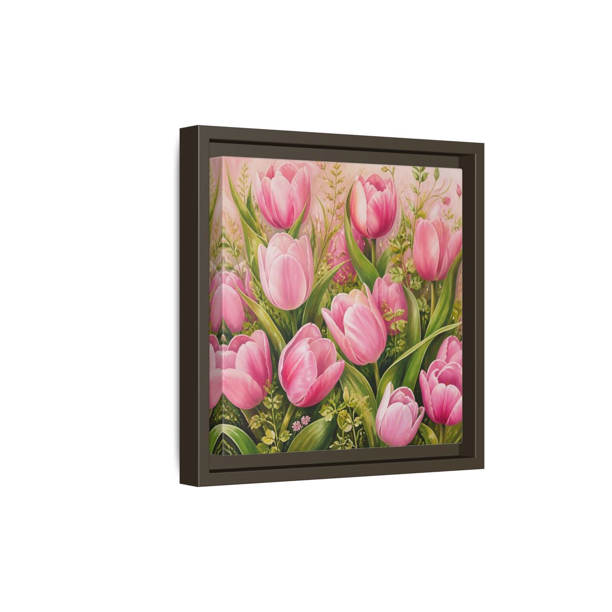 Side Mockup 20. Elegant Old-World Painting Pink Tulips With Fresh Leaves shown as stretched canvas wall art