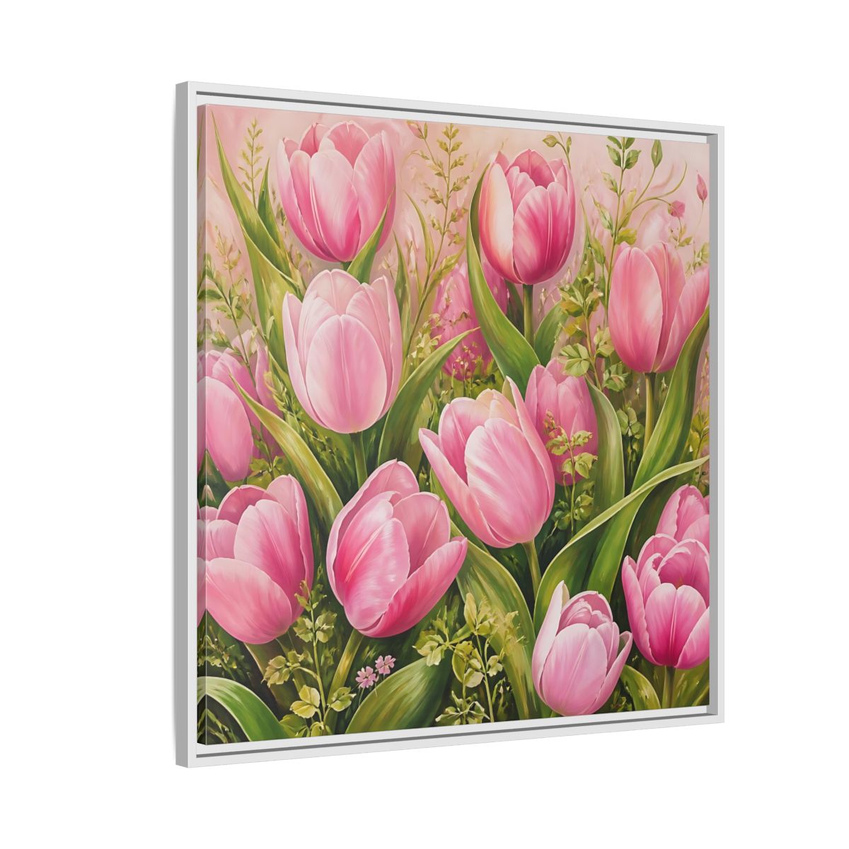 Side Mockup 7. Elegant Old-World Painting Pink Tulips With Fresh Leaves shown as stretched canvas wall art