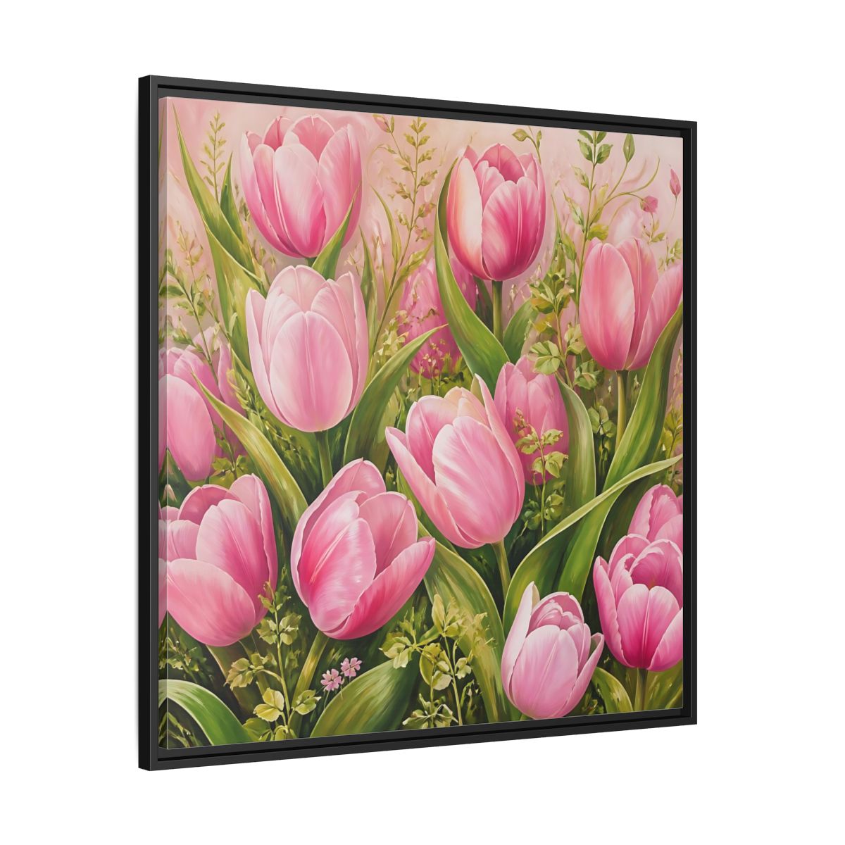 Side Mockup 30. Elegant Old-World Painting Pink Tulips With Fresh Leaves shown as stretched canvas wall art