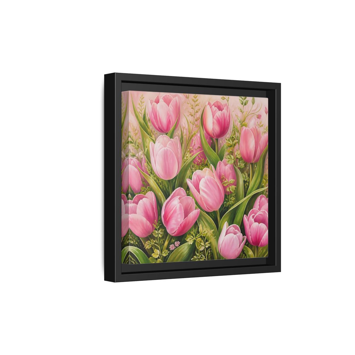 Side Mockup 21. Elegant Old-World Painting Pink Tulips With Fresh Leaves shown as stretched canvas wall art