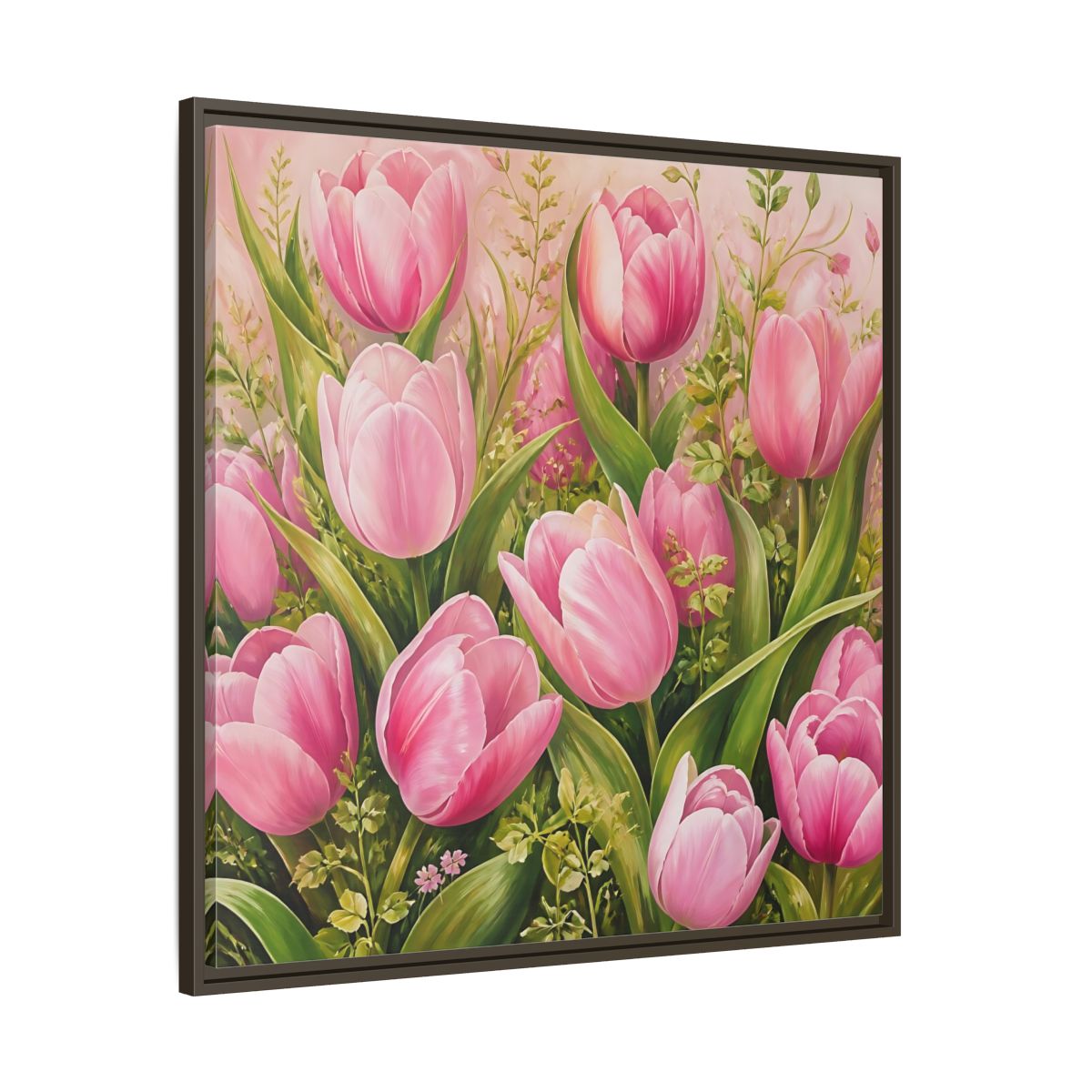 Main Mockup. Elegant Old-World Painting Pink Tulips With Fresh Leaves shown as stretched canvas wall art