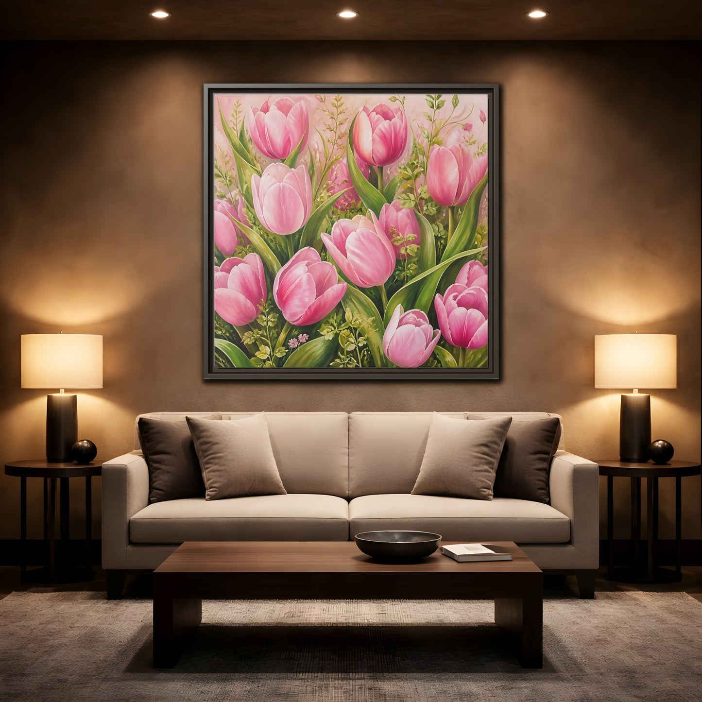 Mockup 2. Elegant Old-World Painting Pink Tulips With Fresh Leaves shown as stretched canvas wall art