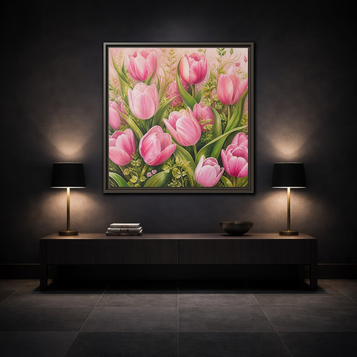 Mockup 3. Elegant Old-World Painting Pink Tulips With Fresh Leaves shown as stretched canvas wall art