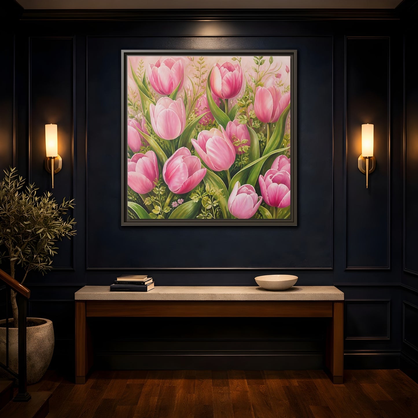 Mockup 4. Elegant Old-World Painting Pink Tulips With Fresh Leaves shown as stretched canvas wall art
