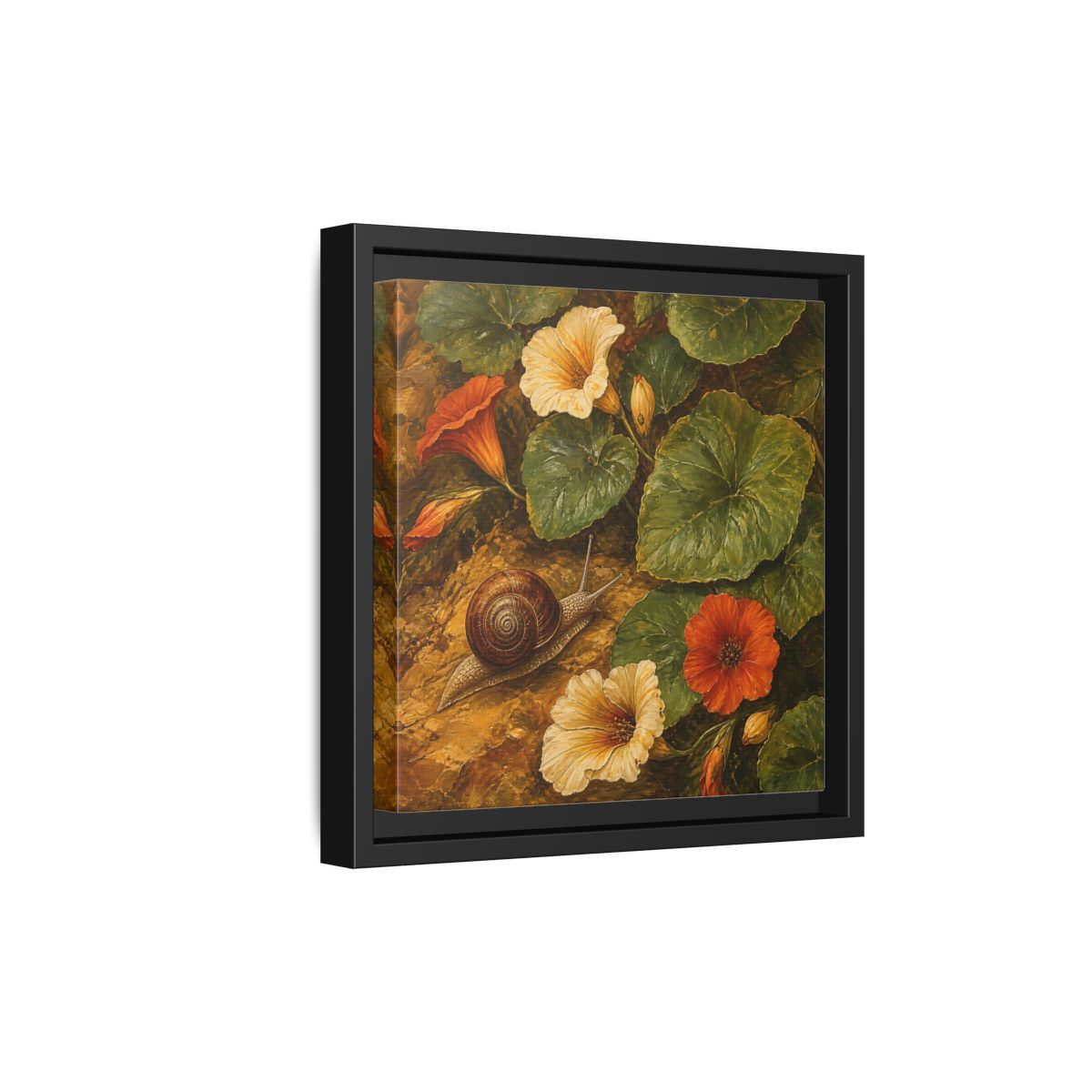 Side Mockup 21. Elegant Old-World Painting Snail Beside Garden Leaves shown as stretched canvas wall art