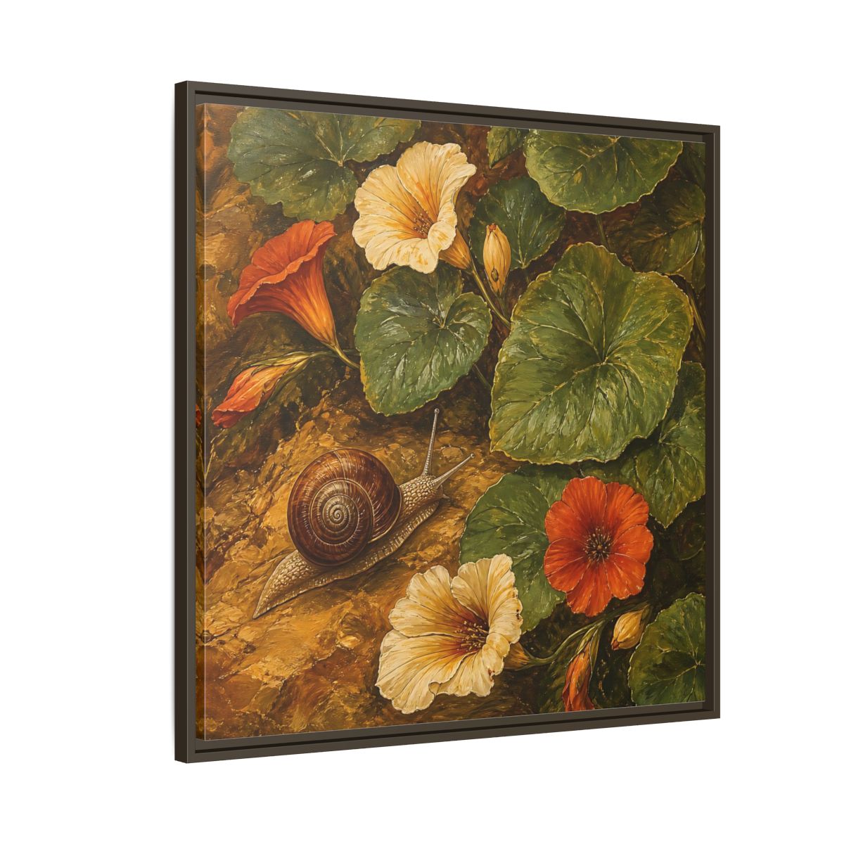 Side Mockup 8. Elegant Old-World Painting Snail Beside Garden Leaves shown as stretched canvas wall art