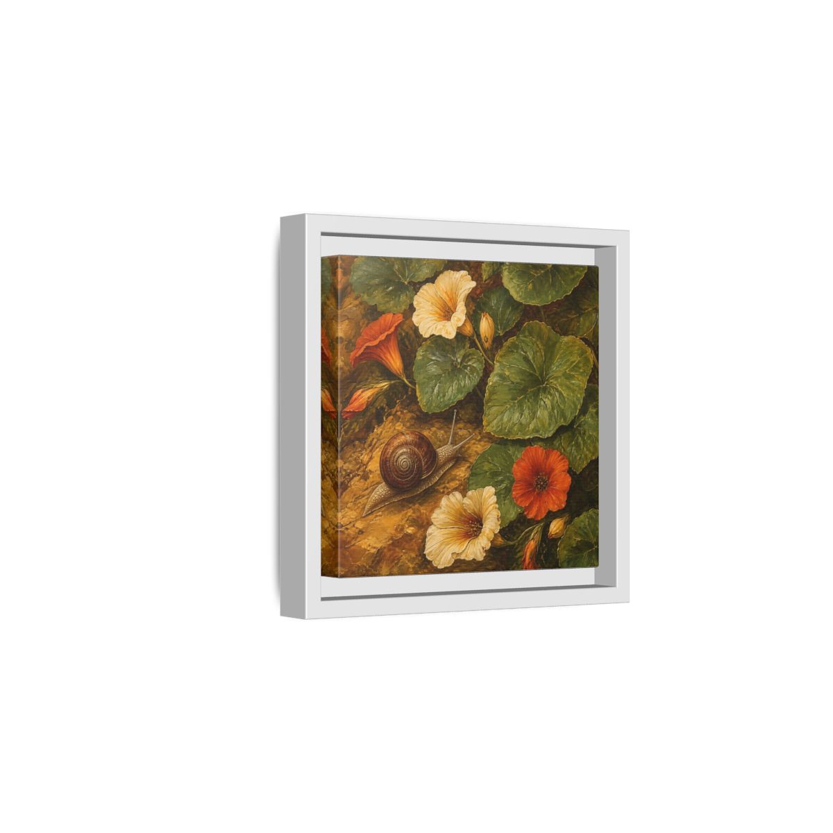 Side Mockup 1. Elegant Old-World Painting Snail Beside Garden Leaves shown as stretched canvas wall art
