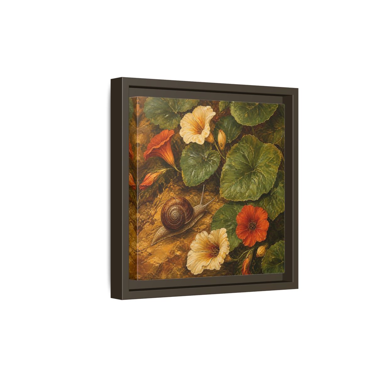 Side Mockup 20. Elegant Old-World Painting Snail Beside Garden Leaves shown as stretched canvas wall art