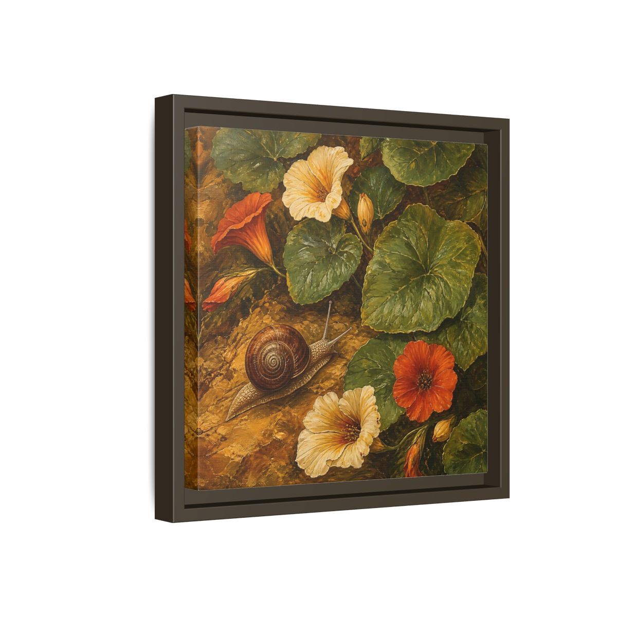 Side Mockup 17. Elegant Old-World Painting Snail Beside Garden Leaves shown as stretched canvas wall art