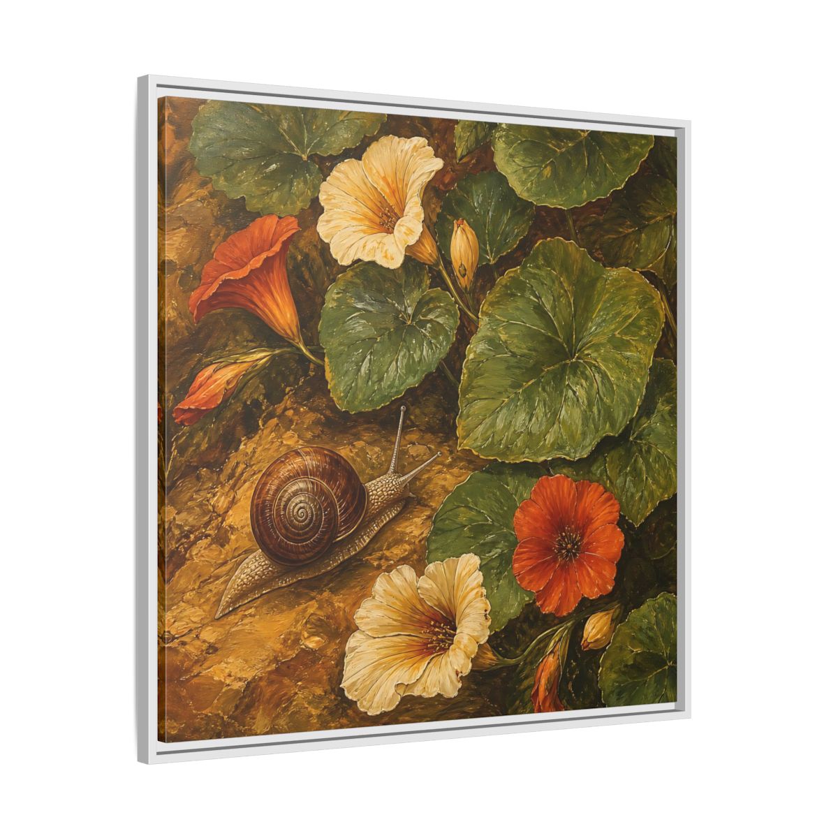 Side Mockup 25. Elegant Old-World Painting Snail Beside Garden Leaves shown as stretched canvas wall art