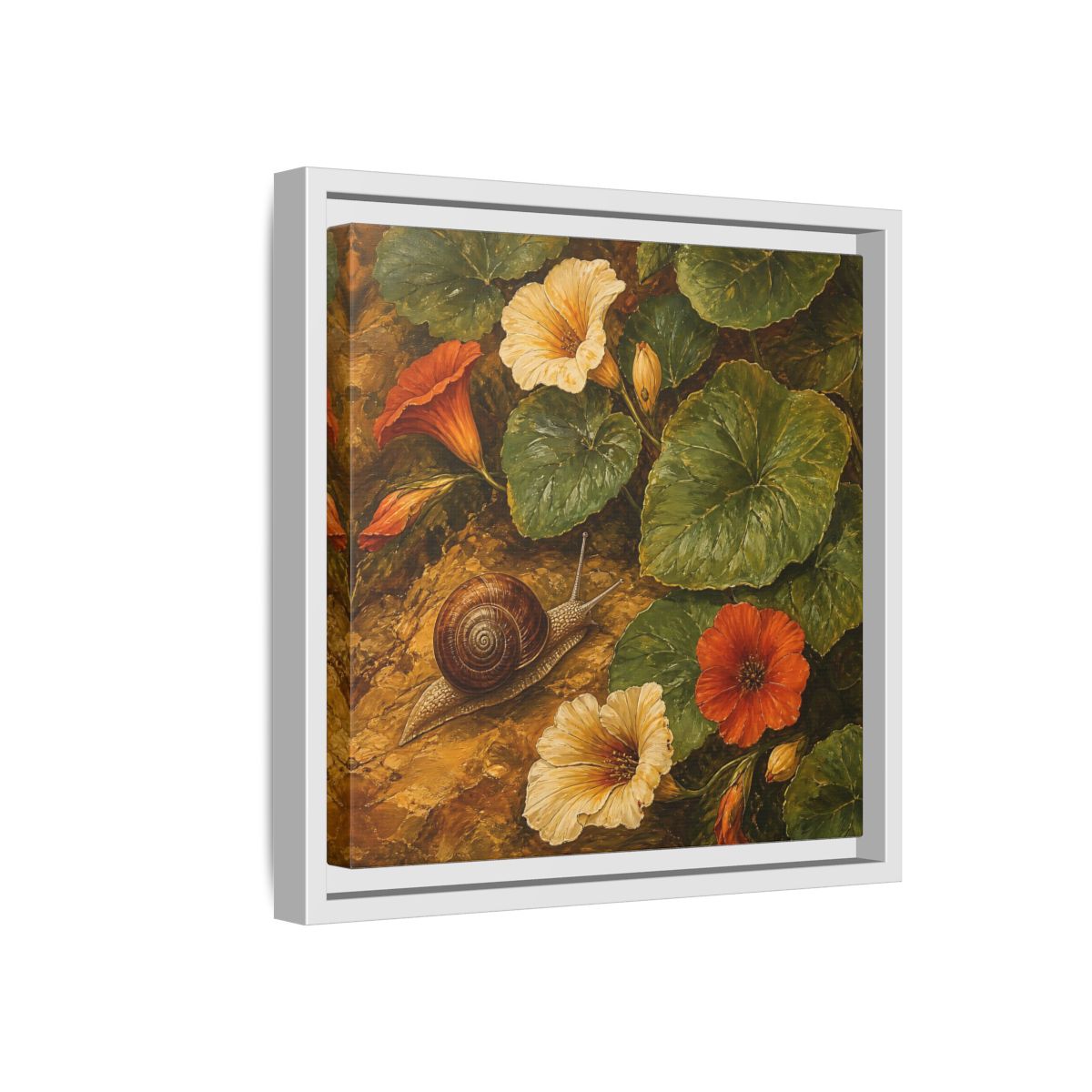 Side Mockup 16. Elegant Old-World Painting Snail Beside Garden Leaves shown as stretched canvas wall art