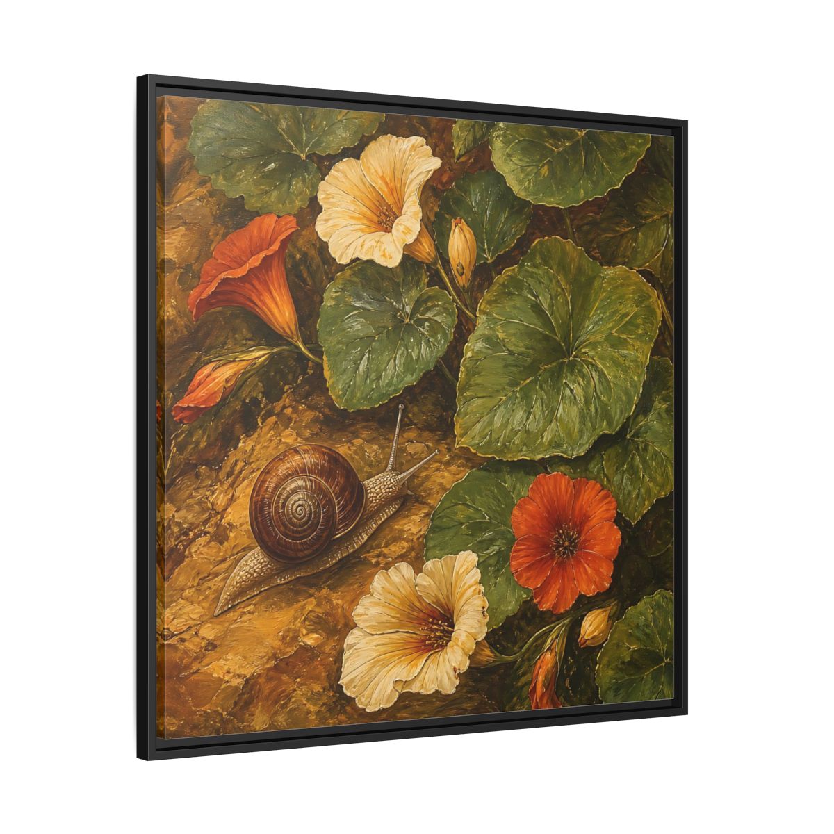 Side Mockup 30. Elegant Old-World Painting Snail Beside Garden Leaves shown as stretched canvas wall art