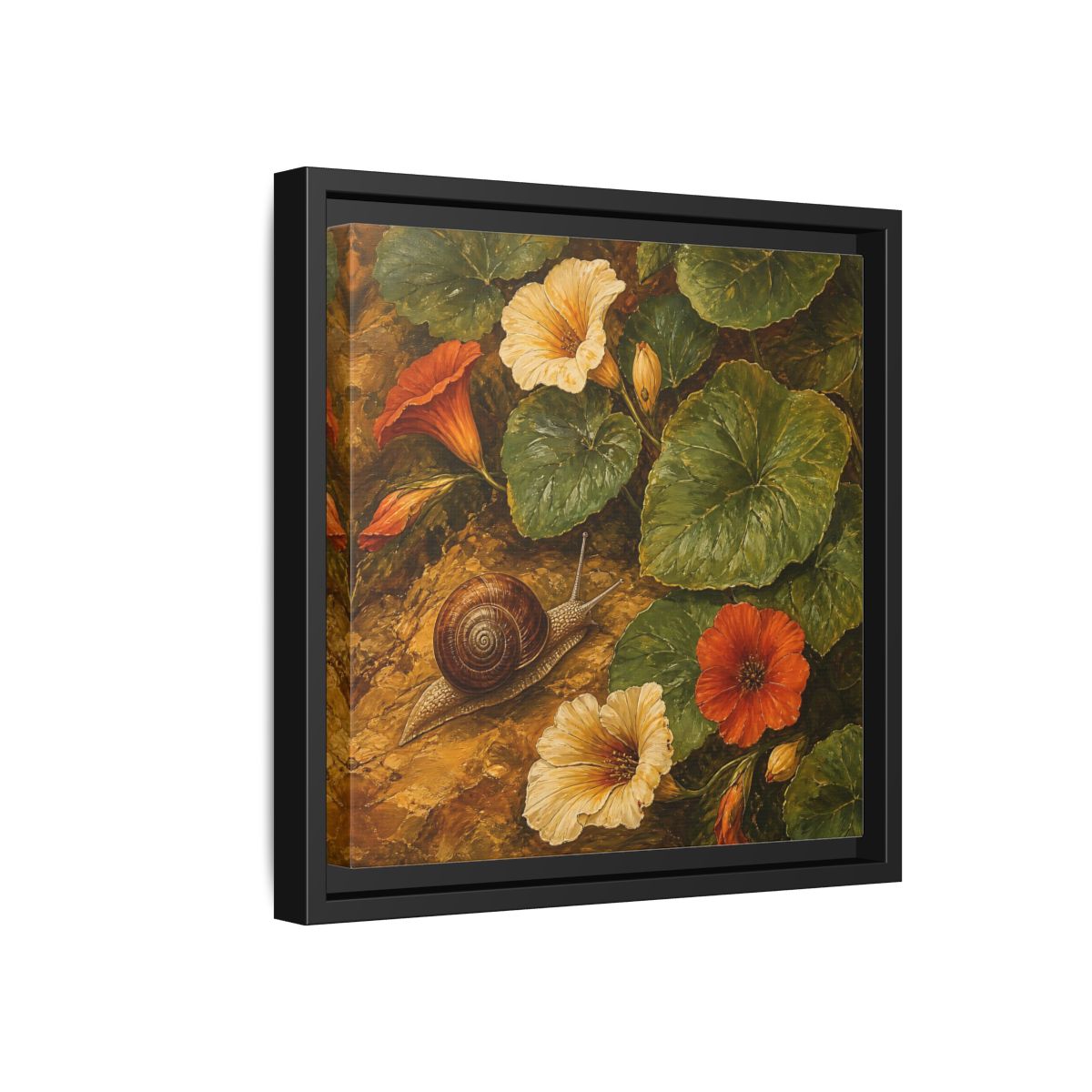 Side Mockup 18. Elegant Old-World Painting Snail Beside Garden Leaves shown as stretched canvas wall art