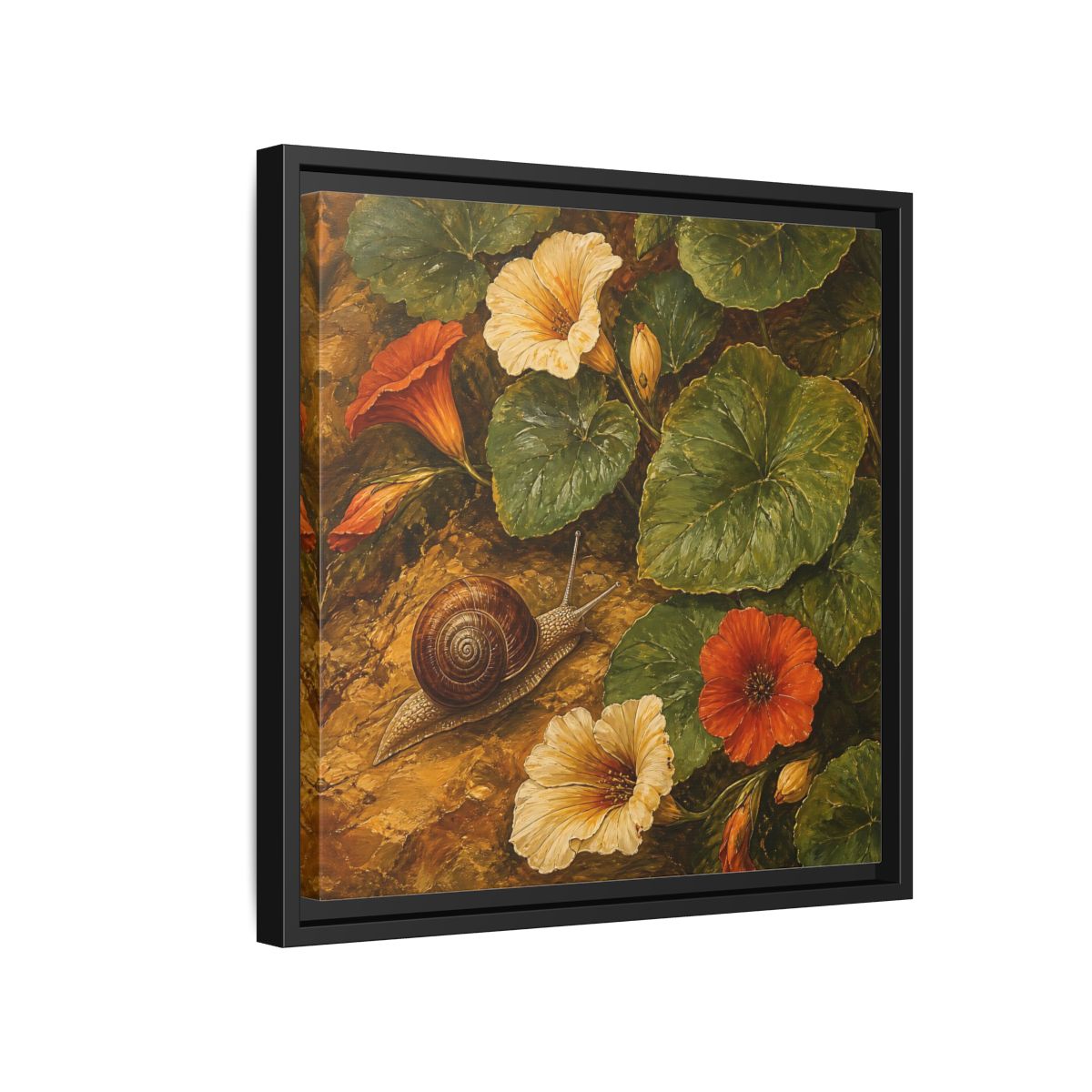 Side Mockup 15. Elegant Old-World Painting Snail Beside Garden Leaves shown as stretched canvas wall art