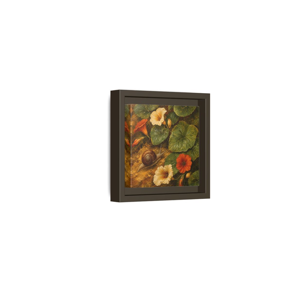 Side Mockup 23. Elegant Old-World Painting Snail Beside Garden Leaves shown as stretched canvas wall art