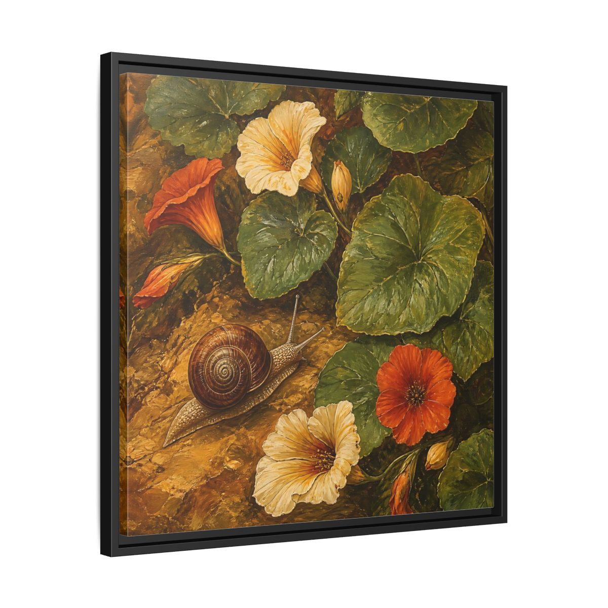 Side Mockup 31. Elegant Old-World Painting Snail Beside Garden Leaves shown as stretched canvas wall art
