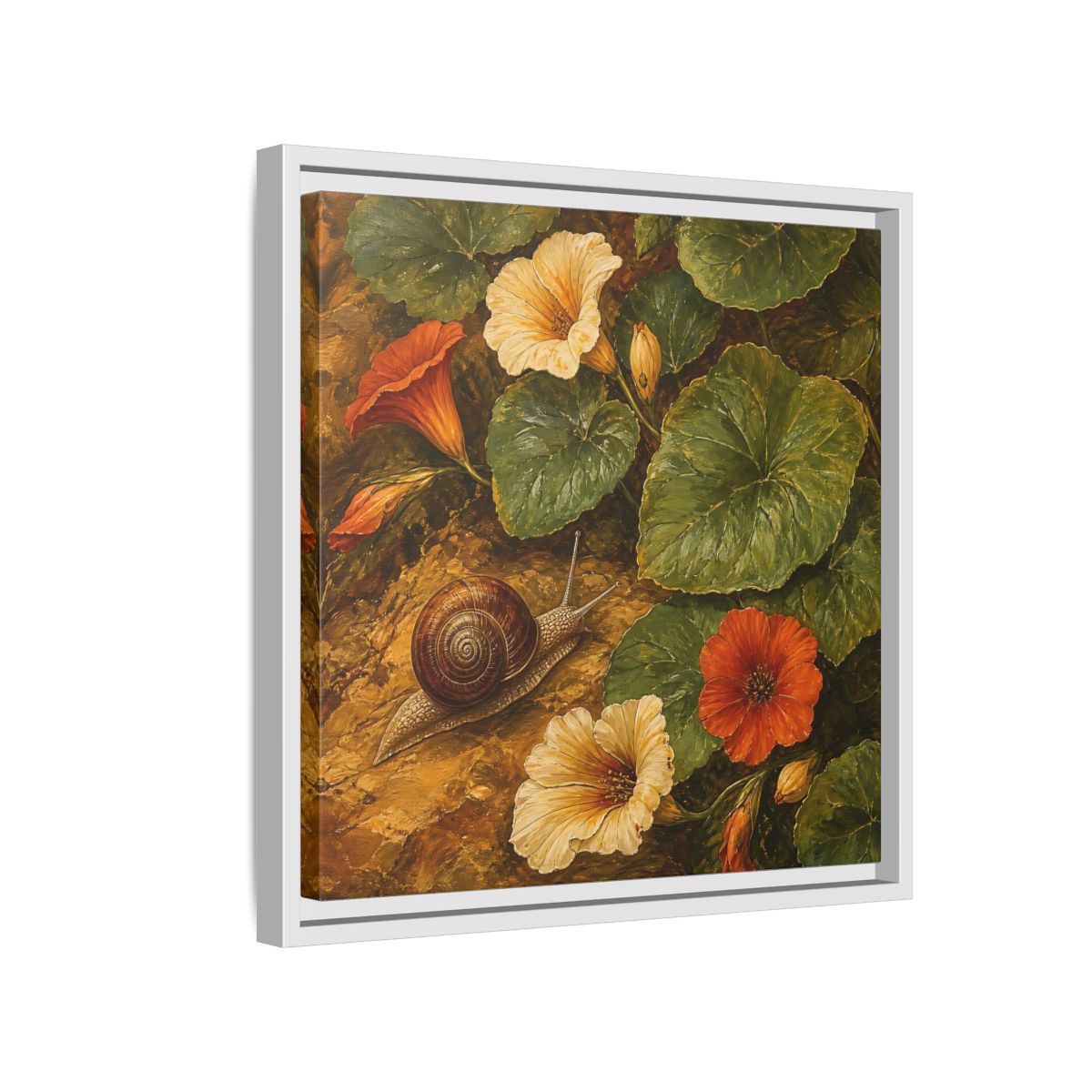 Side Mockup 13. Elegant Old-World Painting Snail Beside Garden Leaves shown as stretched canvas wall art