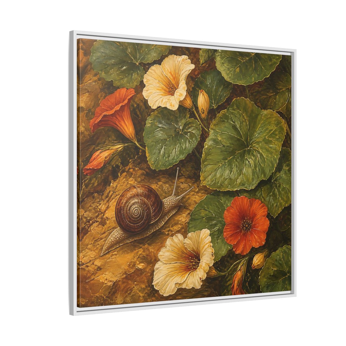Side Mockup 4. Elegant Old-World Painting Snail Beside Garden Leaves shown as stretched canvas wall art